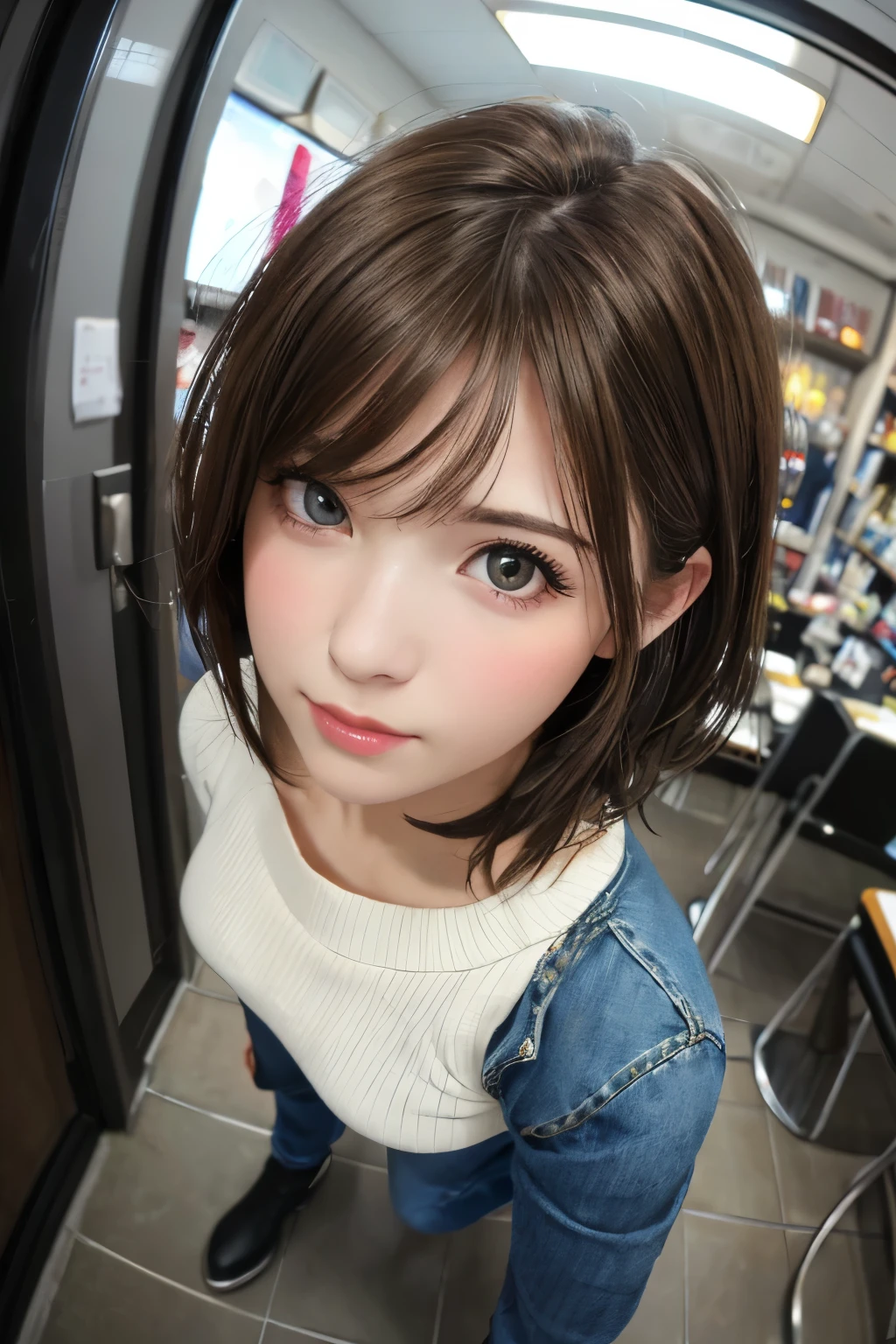 (Representative works:1.3)、(photorealistic、Raw photo、Highest image quality:1.4)、(30 years old brunette woman), European woman, small face、beautiful face、(realistic face)、no makeup, natural makeup, Light makeup, (Dark brown, short hair:1.3)、beautiful hairstyle、realistic eyes、beautiful detailed eyes、 (photorealistic skin)、(sweater, jeans pants, boots),, Bust E cu ,(high-angle:1.3, a closeup, Fisheye:1.4),
