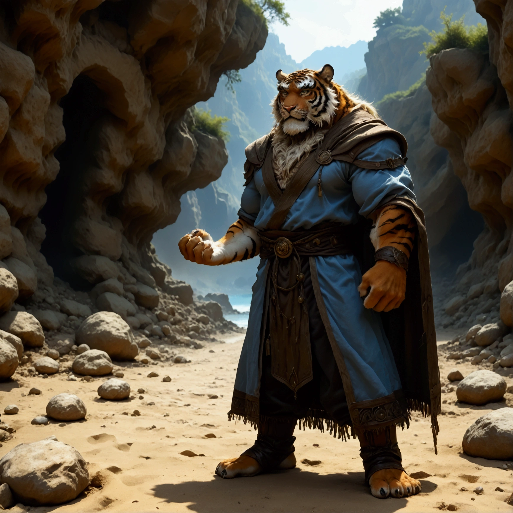 character focus, full body, looking away, various angle, european fantasy, wizard, a muscular middle-aged tiger man, heroic costume clothes, robe, shirt, pants, casting thunder magic, dynamic pose, BREAK complete anatomy, perfect proportions, beautiful thigh gap, fluffy body, intricate fur details, beautiful fur texture, BREAK a detailed tiger 1tail, detailed boots, detailed foot, detailed hands, 5fingers, 5fingers nails, BREAK aesthetic anime face, insanity detailed face, male face, big face, square jawline, aesthetic anime eyes, detailed brown eyes, detailed brown cornea, detailed dark brown irises, detailed pupils, male eyes, big eyes, male eyebrows, innocent look, beautiful beard, BREAK full body in Michelangelo Buonarroti style, digital illustration anime, housamo style, detailed painting landscape, beach, path, outdoor, full color, HDR, BREAK masterpiece, official art, best quality, very aesthetic, absurdres, super fine illustration, great quality, BREAK noise reduction, very highres, large filesize, high quality, 32K, 8k wallpaper, dynamic lighting, BREAK insanity detailed, ultra detailed, intricate details, extremely detailed, detailed texture, an extremely delicate and beautiful, BREAK osukemo, e621 illustration, kemohomo, anthropomorphic, furry, cartoon, harmonious body, pastoral face, virtuous eyes, epic atmosphere