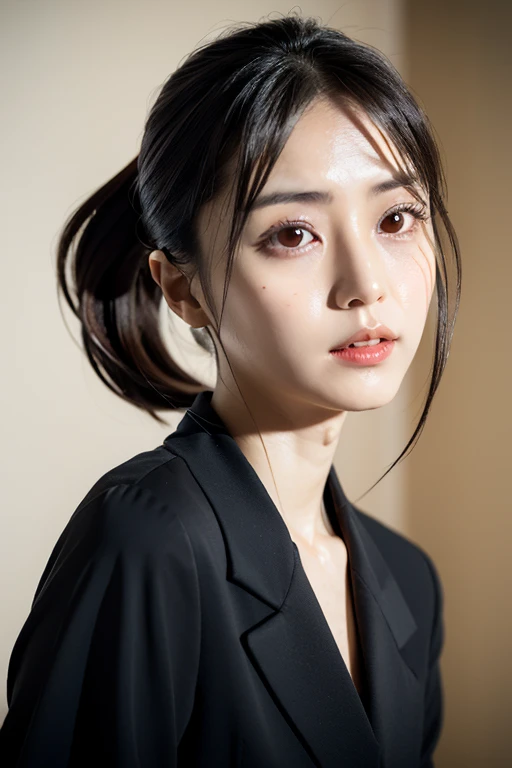 【8k, Top, ​masterpiece, realistic,   Realistic photos,  Supene, natural light, 極めて Detailed Face と肌,  Detailed Eyes ,   High Resolution Skin Peeling Closeup ,  , masterpiece,  beautiful face, realistic Face,  Detailed Face ,   Graceful Hairstyle   ,  True eyes  ,  Detailed Eyes ,  real skin,  Detailed Skin , beautiful skin,  charming,    Super Real   , black hair  ,   Japanese Women  , 18 years old, short hair,  folded ponytail , headband,  separated Liu Hai 、suit、 black stockings、Glasses