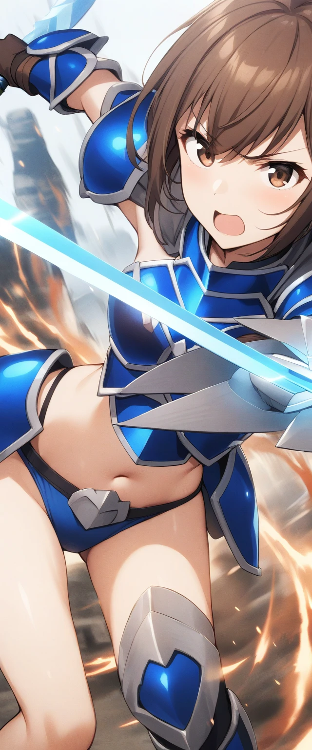 female warrior wearing blue bikini armor、1girl、tits、 looking at the camera、shorthair!、Brown eyes holding a sword 、Brown Hair、Brave、 dynamic、Girl、whirlwind attack