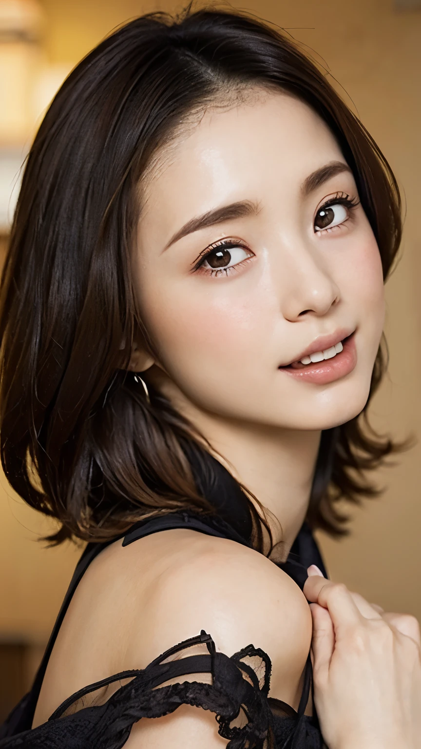 (masterpiece:1.2), Super detailed, ultra high resolution, (Realistic, photo Realistic:1.2), high definition raw color photo, professional photography, Dramatic lighting , ( high definition face and skin texture, Beautiful eyes, Glossのある肌, Glowing Skin , Glowing Skin , Shining Face, Gloss, oily skin , Oily face, oily skin , Oily face, 強いGloss), perfect anatomy, Highly Detailed Backgrounds, A beautiful woman、1 person, Poster, volume lighting , in the dark , Deep Shadow, (Squint your eyes:1.5、Ahegao:1.5, open lips), Open Your Mouth and Stick Out Your Tongue , Perfect beautiful tongue, ( face:1.1), (Open mouth and tongue out:1.2), (Perfect beautiful tongue:1.2), cute smile, Formal attire, sexy outfit , Straight Bob Hair, Beautiful Hair, Black Hair, Attractive face, saggy breasts, huge chest