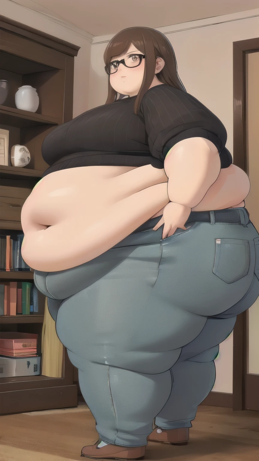score_9, score_8_superior, score_7_superior, score_6_superior, sauce_anime, Low - Angle, From below, One girl, 1人のmaleの子, duo, big_female, small_male, size_difference, Are standing, Looking down, Look forward, obesity, break, Eating large amounts of food, Blonde, Huge breasts, massive legs, Huge Ass, Huge body