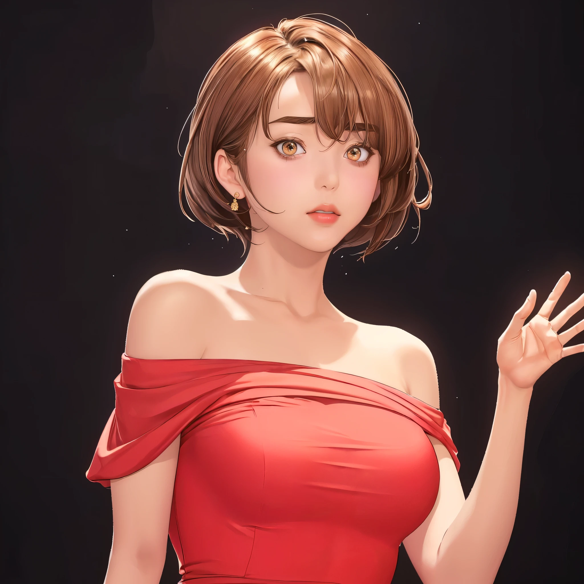 (（（figure，御姐figure,White and tender skin,（（（red hip wrap dress，Short sleeve，Off Shoulder，）））,(（（Soridef，brown eyes，brown hair，short hair,））),，((masterpiece)), highres icon,((Best quality at best)),masterpiece,quality,Best quality,(（（  to the audience,Light in the eyes）））,Big ,苗条figure, Black background）））