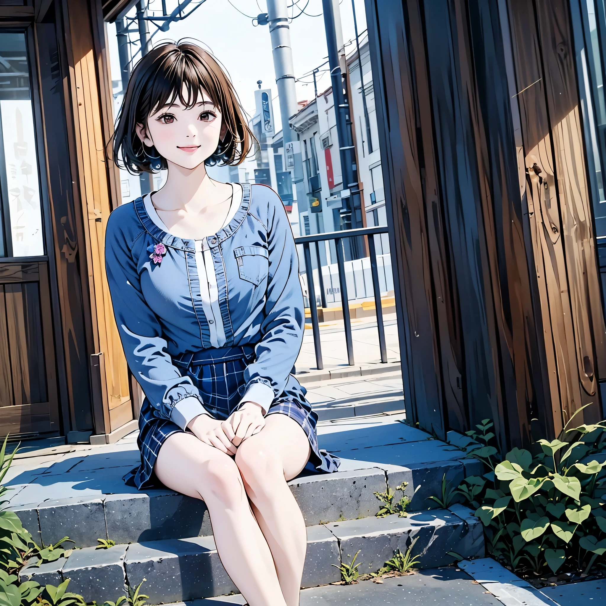 An outdoor scene with a joyful , bright atmosphere, featuring a beautiful woman sitting alone on a set of stairs . The image is captured from a three-quarter view using a telephoto lens , giving a dynamic view of her seated pose. She rests her chin on her hand with a playful smile , radiating warmth and positivity as she looks off into the distance. The lighting is bright and cheerful, with sunlight casting a gentle glow around her, illuminating her face and surroundings. The steps and background are filled with lively details , adding texture and a sense of vibrancy to the scene., blue theme, hanako