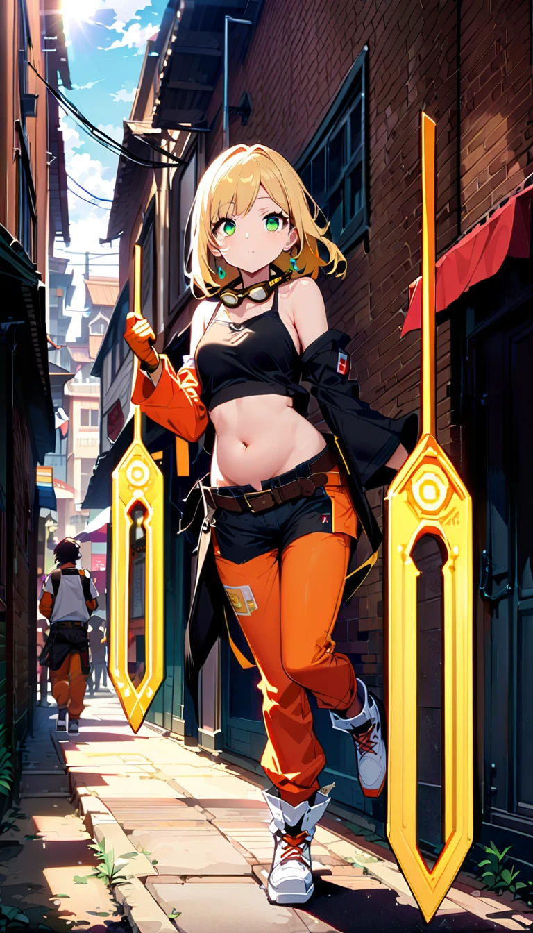 Piper、Green Eye、 blonde hair 、 long hair 、Hair accessories、 earrings for a woman alone、 jewellery、チョーカー
rest (Goggles on neck、Bare shoulders、 Black Crop Top、solar plexus 、belly button、Separated sleeves、Orange gloves、belt、Black shorts、Short shorts、 Orange Pants 、separated pants 、shoes、White footwear:1.4)
rest outdoors, city, null, cloud, sun, architecture, crowd, people々, alley, 
rest looking at viewer, ( cowboy shooting :1.5), (Has a gold bar, battle scene 1.3)
rest (masterpiece:1.2), Best Quality,  high definition,  unity 8k Wallpaper , (Illustration:0.8), (beautiful deふとももed eyes:1.6), extremely deふとももed face, perfect lighting, extremely deふとももed CG, (Perfect hands,  Perfect Anatomy ),