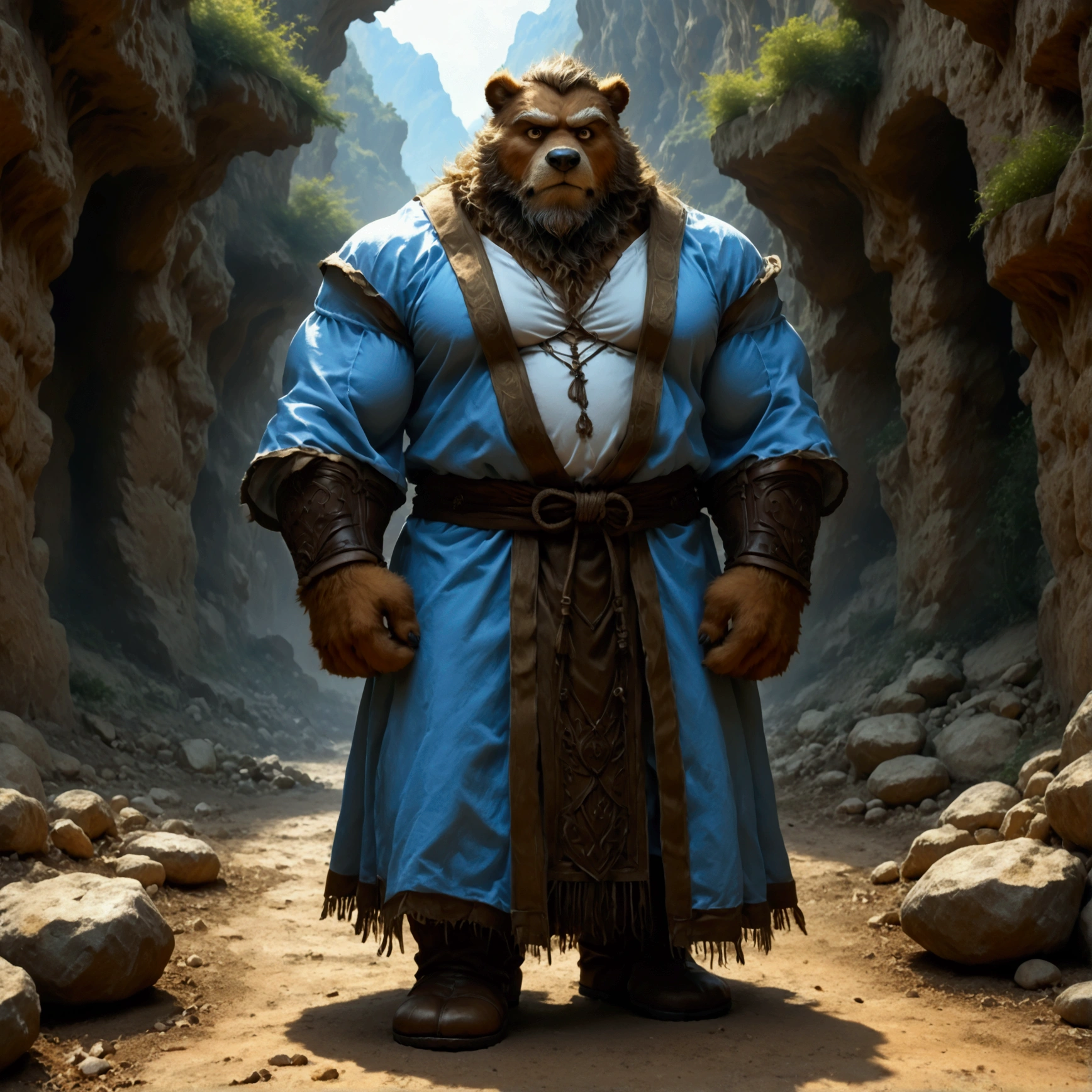 character focus, full body, looking away, various angle, european fantasy, wizard, a muscular middle-aged bear man, heroic costume clothes, robe, shirt, pants, casting ice magic, dynamic pose, BREAK complete anatomy, perfect proportions, beautiful thigh gap, fluffy body, intricate fur details, beautiful fur texture, BREAK a detailed bear 1tail, detailed boots, detailed foot, detailed hands, 5fingers, 5fingers nails, BREAK aesthetic anime face, insanity detailed face, male face, big face, square jawline, aesthetic anime eyes, detailed brown eyes, detailed brown cornea, detailed dark brown irises, detailed pupils, male eyes, big eyes, male eyebrows, innocent look, beautiful beard, BREAK full body in Michelangelo Buonarroti style, digital illustration anime, housamo style, detailed painting landscape, mountain, path, outdoor, full color, HDR, BREAK masterpiece, official art, best quality, very aesthetic, absurdres, super fine illustration, great quality, BREAK noise reduction, very highres, large filesize, high quality, 32K, 8k wallpaper, dynamic lighting, BREAK insanity detailed, ultra detailed, intricate details, extremely detailed, detailed texture, an extremely delicate and beautiful, BREAK osukemo, e621 illustration, kemohomo, anthropomorphic, furry, cartoon, harmonious body, pastoral face, virtuous eyes, epic atmosphere