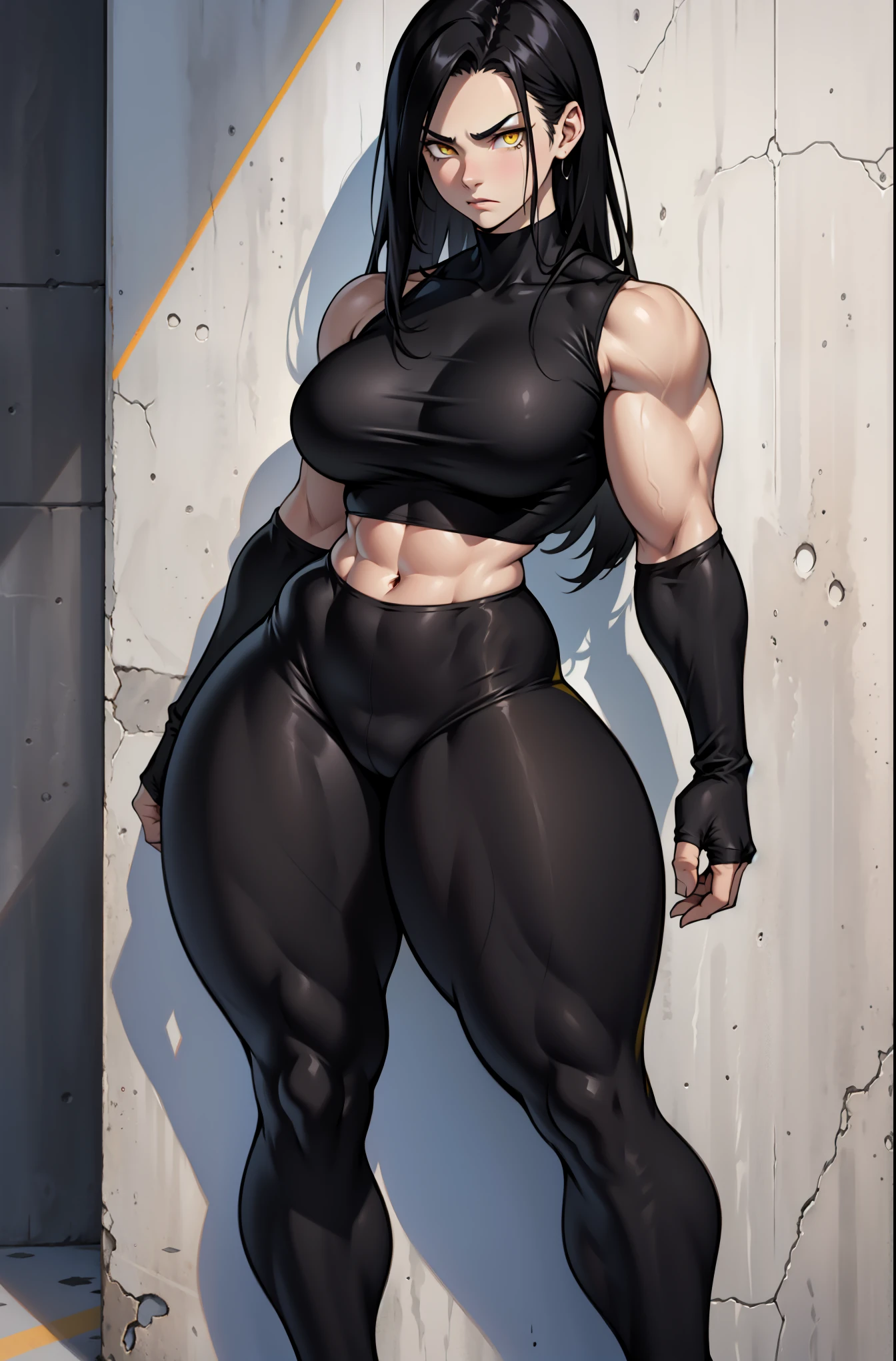 1girl, (((extremely long hair))), solo, (((muscular))), veins, black hair, yellow eyes, thick thighs, pale skin, strong, veins, big thighs, huge breasts, standing, (bodysuit), ((thick thighs)), angry, against wall, gritty