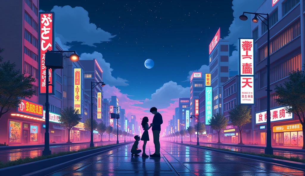 Posters inspired by 80s aesthetics, including anime, Nostalgic and colorful, Night cityscape, perspective Tokyo, people, love atmosphere, Starry Sky, High resolution, A unique landscape, Pop Art, Flat paint, 3D Rendering