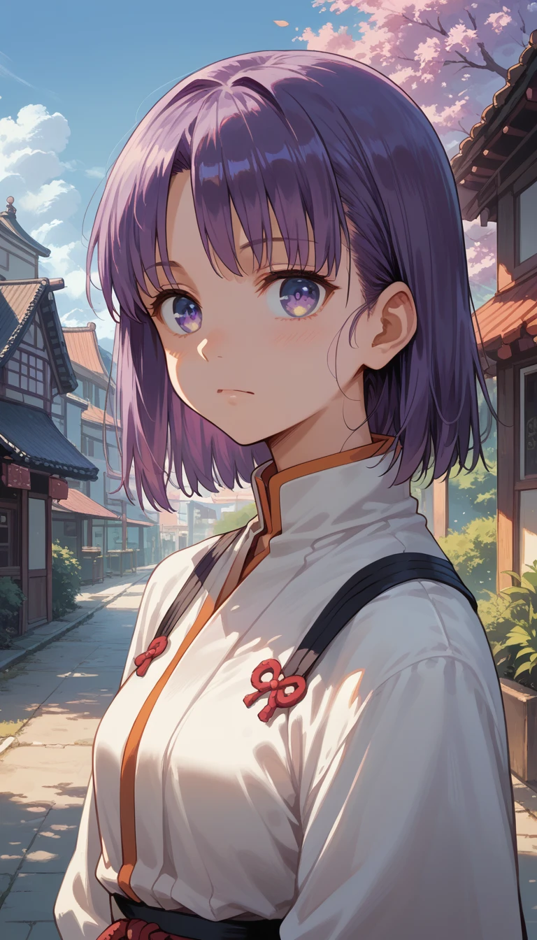 high res, masterpiece,Sakura Matou,fate, purple hair, solo, 1girl,outside,deatailed background, detailed eyes,