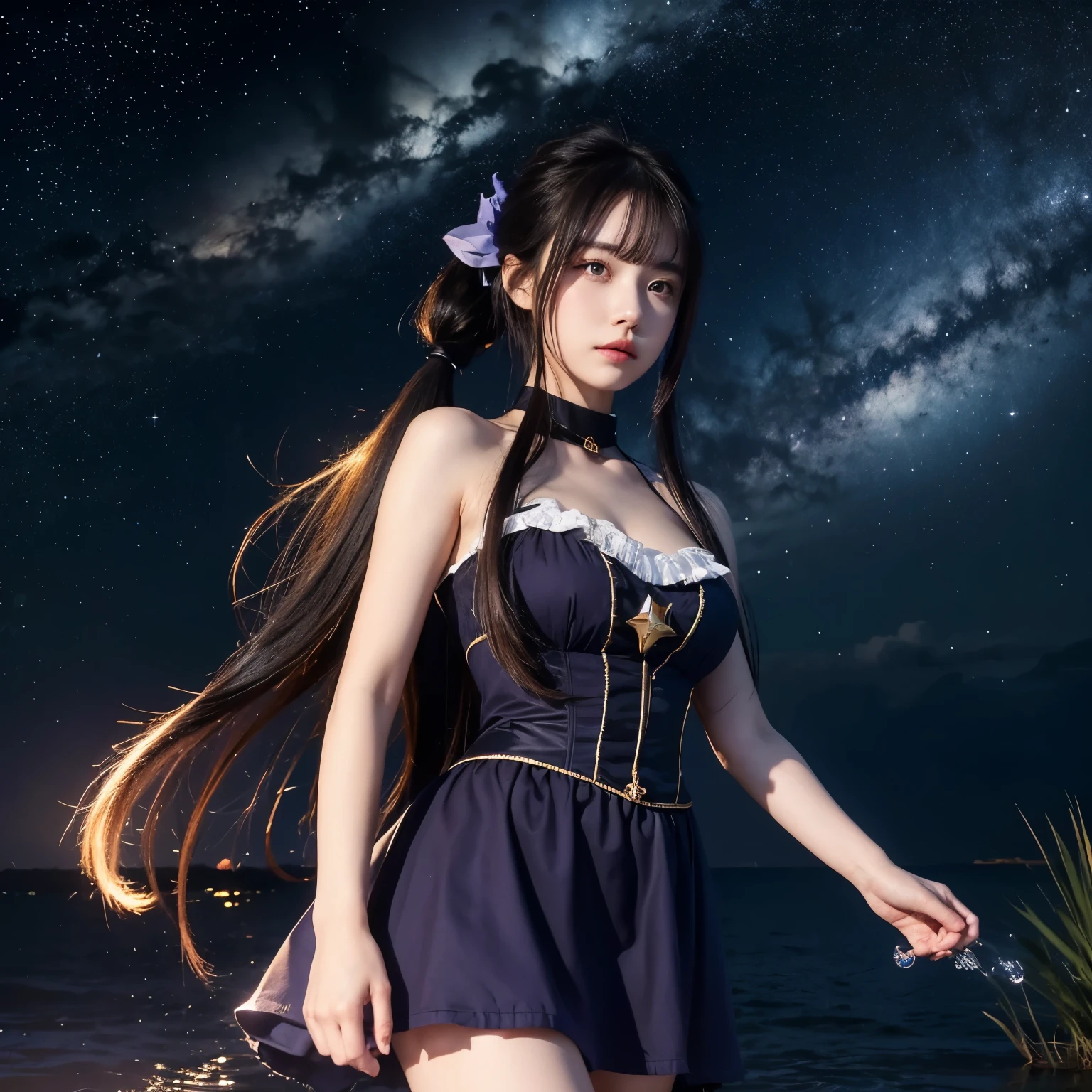 girl, Located in the corner, looking at the Sky, alone , Mona (Genshin Impact), choker, Hair Covering Eyes , Star (symbol), Long hair, Dark purple hair, Twin ponytails, blue eyes, plump natural breasts , Jewelry, witch, maid, bangs, Purple black dress, Purple skirt, White apron, landscape, night Sky, Star (Sky), Starry Sky, night, Outdoor, cloud, reflection, water, magic, Tarot cards, water magic, ((beautiful golden crystal Star)), space, water droplets, splash