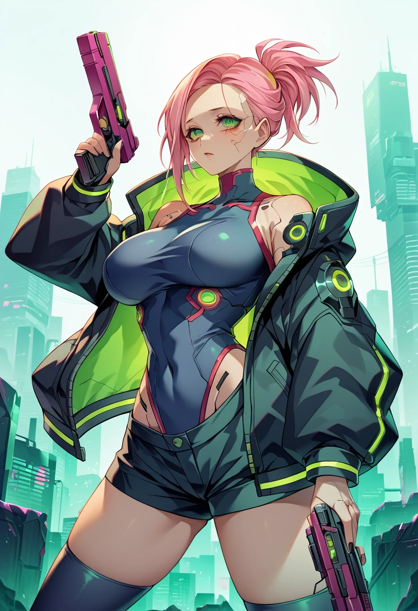  a woman with green eyes and a black jacket holding a gun, cyberpunk anime art, chica anime cyberpunk, best anime 4k konachan wallpaper, anime girl cyberpunk mech, female cyberpunk anime girl, cyberpunk anime art, anime style 4k , digital cyberpunk anime art, Cyberpunk Anime Girl with Hoodie, Anime Wallpaper 4k, Anime wallpaper 4 k, cyberpunk anime Big Breast 
