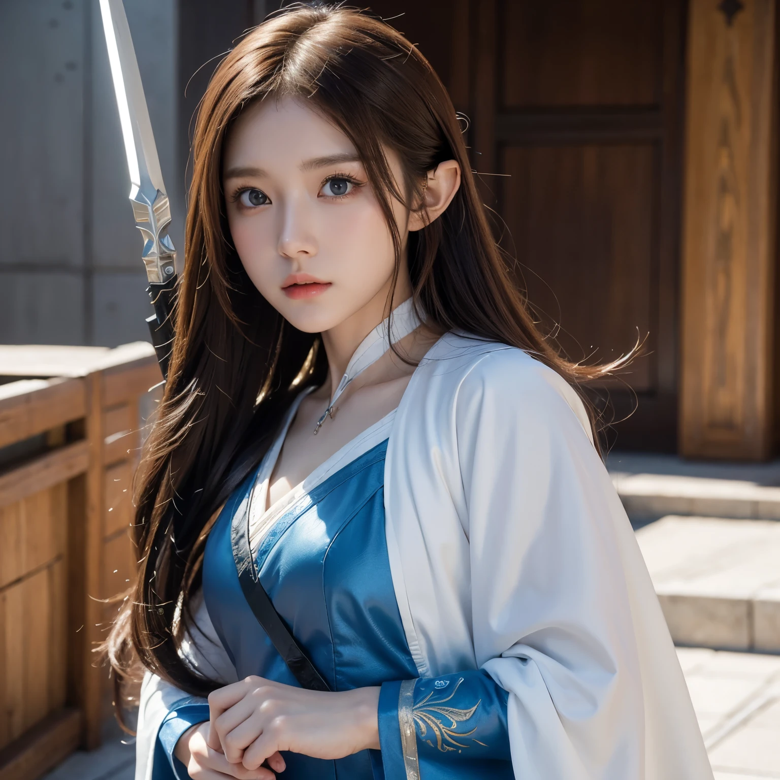full-body photo of Princess Zelda , brown hair , blue eyes, Assassins dressed in Assassin's Creed , White+ in gold costume ,戴着White面具和金色装饰的兜帽, XL bust , Use wrist blade. background: Renaissance city . Unreal Engine 5 , Japanese cartoons , Japanese cartoons style, masterpiece , Well drawn eyes, Well-drawn face , meticulous eyes , very detailed facial, 8K, 光影效果.