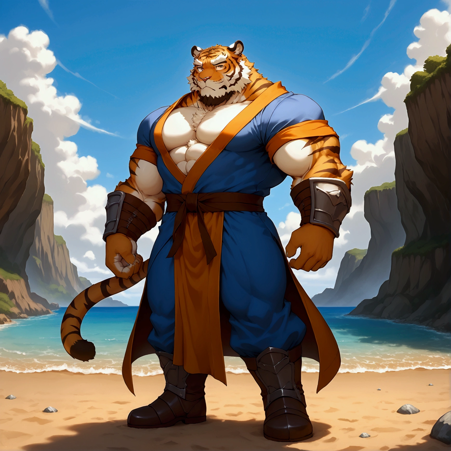 character focus, full body, looking away, various angle, european fantasy, wizard, a muscular middle-aged tiger man, heroic costume clothes, robe, shirt, pants, casting thunder magic, dynamic pose, BREAK complete anatomy, perfect proportions, beautiful thigh gap, fluffy body, intricate fur details, beautiful fur texture, BREAK a detailed tiger 1tail, detailed boots, detailed foot, detailed hands, 5fingers, 5fingers nails, BREAK aesthetic anime face, insanity detailed face, male face, big face, square jawline, aesthetic anime eyes, detailed brown eyes, detailed brown cornea, detailed dark brown irises, detailed pupils, male eyes, big eyes, male eyebrows, innocent look, beautiful beard, BREAK full body in Michelangelo Buonarroti style, digital illustration anime, housamo style, detailed painting landscape, beach, path, outdoor, full color, HDR, BREAK masterpiece, official art, best quality, very aesthetic, absurdres, super fine illustration, great quality, BREAK noise reduction, very highres, large filesize, high quality, 32K, 8k wallpaper, dynamic lighting, BREAK insanity detailed, ultra detailed, intricate details, extremely detailed, detailed texture, an extremely delicate and beautiful, BREAK osukemo, e621 illustration, kemohomo, anthropomorphic, furry, cartoon, harmonious body, pastoral face, virtuous eyes, epic atmosphere