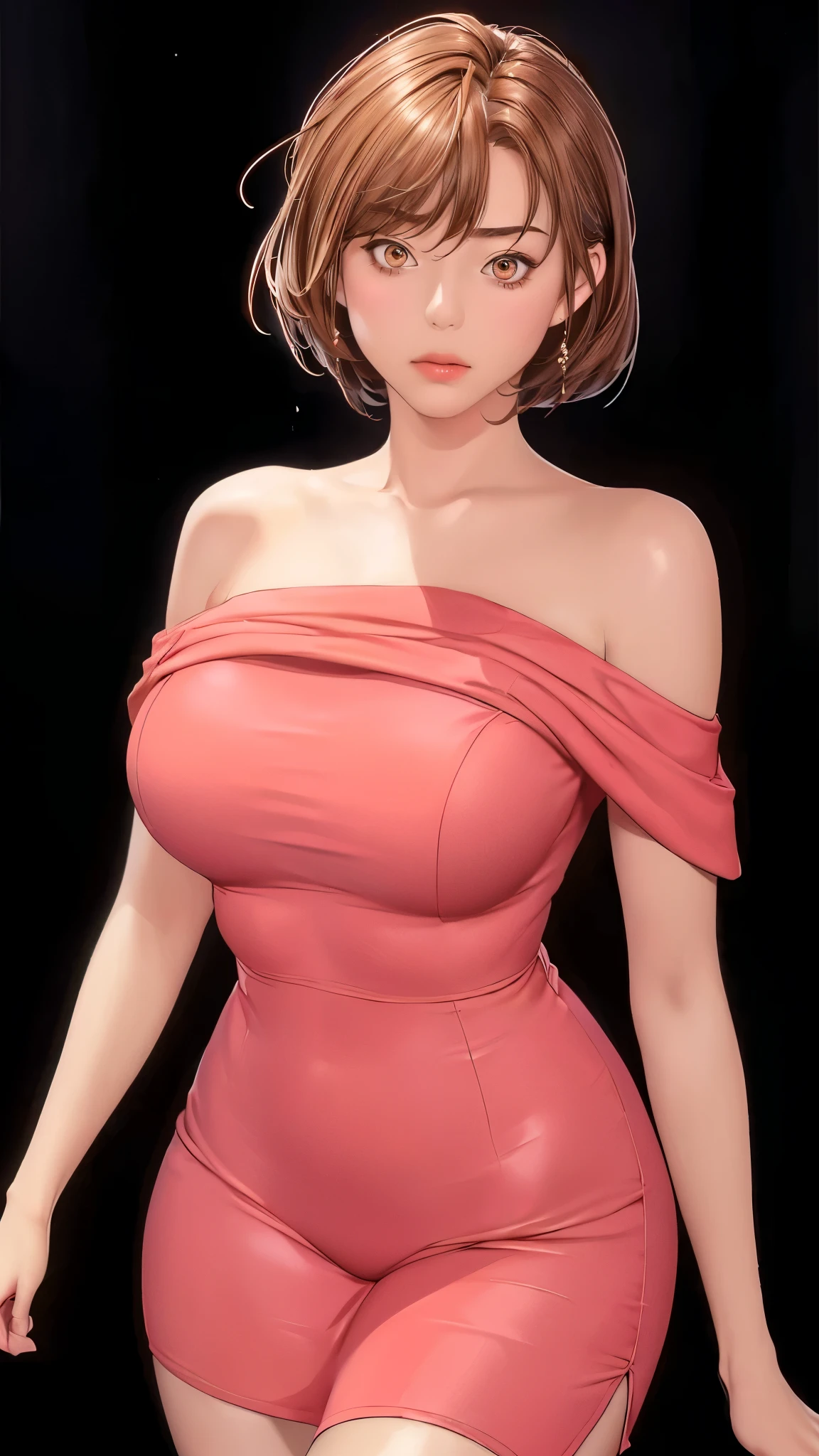 (（（figure，御姐figure,White and tender skin,（（（red hip wrap dress，Short sleeve，Off Shoulder，）））,(（（Soridef，brown eyes，brown hair，short hair,））),，((masterpiece)), highres icon,((Best quality at best)),masterpiece,quality,Best quality,(（（  to the audience,Light in the eyes）））,Big ,苗条figure, Black background）））