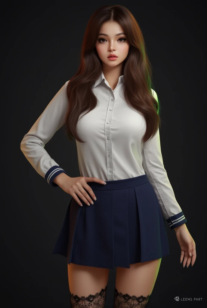 realistic, high res image, masterpiece, best quality, young woman, cute, fair skin, brown shiny long hair, ultra detailed eyes, thick lips, dark background, school uniform, white long sleves fitted shirt, navy skirt, black lace leg wear, black lace thighhigh, .