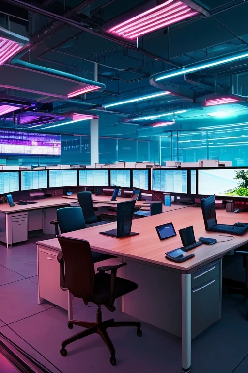 A high tech office and laboratory in a cyberpunk world with a hint of neon light effects; large desk and workstation, computers, scenery only