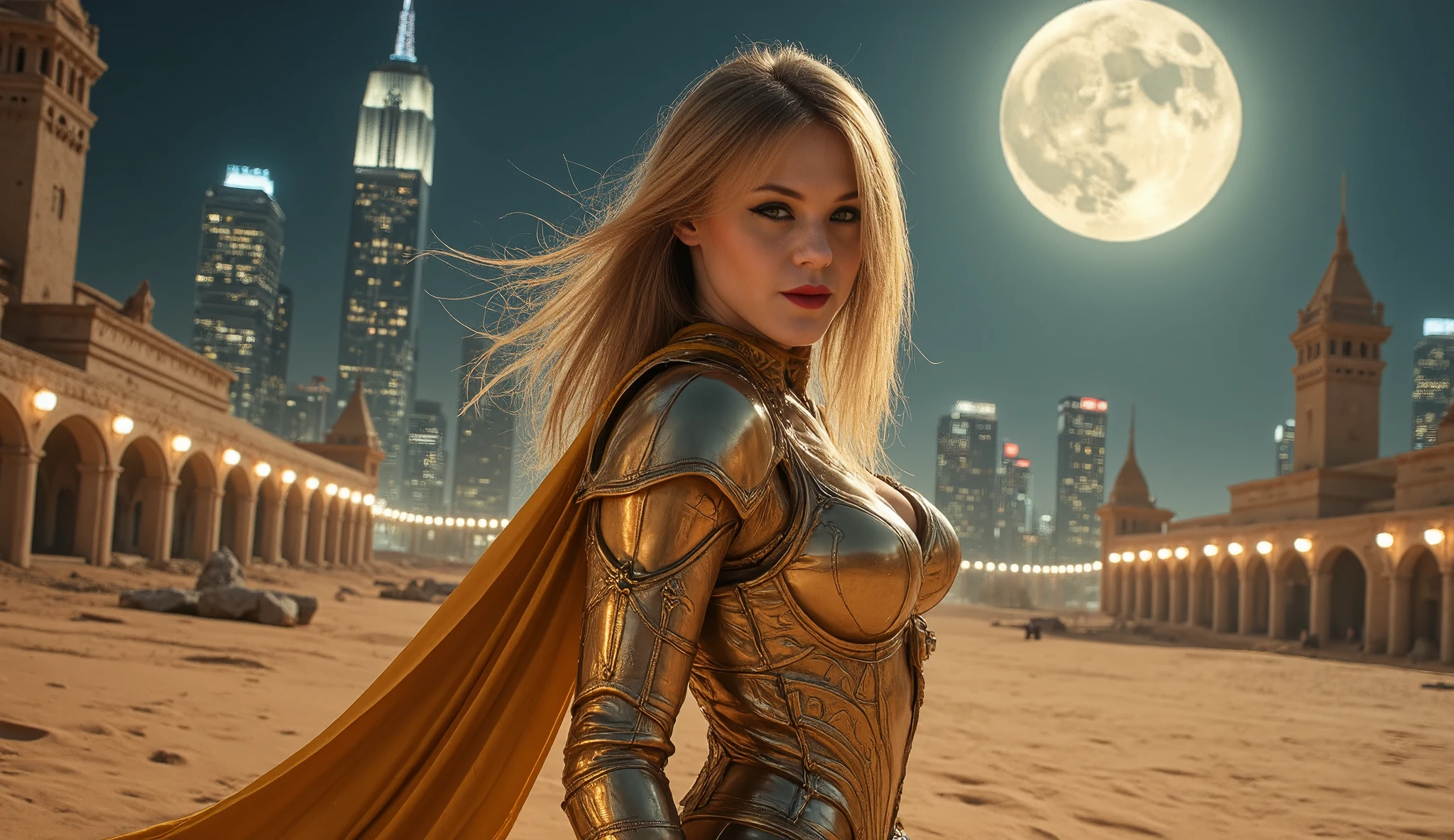 (Masterpiece, award winning, UHD, 8K, DSLR, photorealistic, ultra-realistic, very detailed), (Theme of knights of the zodiac, charismatic, there is a girl at the top of the city, wearing a golden gold armor Sagittarius knight, she is a superhero), full body, green eyes, fighting pose, show of strength, sandy urban environment, cityscape, night, (dynamic lights), (full moon)