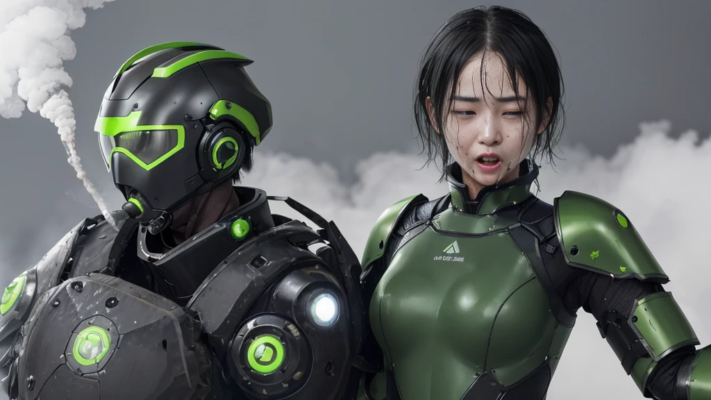 ,   非常に Details,     Details  ,   High image quality, 最  High image quality,   High image quality, 1080P 、   smoke coming out of the wound    　Green Armor、    Steam comes out    、cute((全身のSerious damage))(    injured woman in a green and black robot suit...)()(Broken Armor)   Black Hair   、  Short hair like  、Torn Armor、    wet hair    、  mouth 、(Steam from the bodyが上がる)Sweaty face、It hurts again、Serious damage、、saliva dripping from the mouth、Female university student　　( Falling on one&#39;s back  ) ((Steam from the body))    look up 　saliva