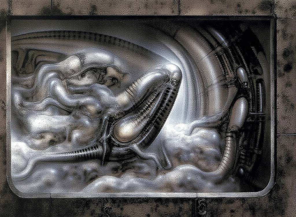 H. R. Giger's g1g3r, , Giger_style, The image is a detailed view of H.R. Giger's \" NY City  \" plate, featuring H R GIGER's biomechanical is a digital artwork featuring a mechanical structure with tubes and wires, which is situated in a dark room with a glowing light source, dence cloudy mist, strokes of steam. (A haunting and surreal image inspired by the work of H.R. Giger. The artwork depicts a biomechanical corridor, with intricate tubes and pipes snaking along the walls. A strange, organic form, reminiscent of the Alien creature, lurks in the shadows, adding to the sense of unease and mystery. The overall atmosphere is one of darkness, decay, and the unsettling nature of the unknown, best quality:1.4) The artistic manner would be unmistakably Gigeresque. A dark and unsettling beauty would permeate the piece, blurring the lines between fascination and repulsion , forever haunted by the grotesque allure. Giger's signature artistic manner would be evident in every stroke. The artist has used careful linework to depict the contours and textures in the piece, (Triadic:1.1), (Proportion:1.1),  , (Reflected light:1.2), Parchment, ultra detailed, intricate,, dry b (best quality:1.4), H.R. GIGER,  BY GIGER