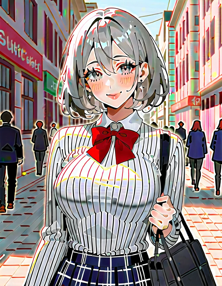 1 Japanese girl, ((shiny silver hair)), bob cut, bang between eyes, beautiful hair), (glossy silver eyes:1.5), (beautiful eyes, twinkle eyes, large eyes), (athlete body, large breasts), cute face, beautiful face, pretty face, beautiful, good anatomy, long eyelashes, expressive eyes, Perfect Hand, perfecteyes, glossy lips, 
BREAK (glossy silver eyes:1.5), (beautiful eyes, twinkle eyes, large eyes), (athlete body, large breasts), cute face, beautiful face, pretty face, beautiful, good anatomy, long eyelashes, expressive eyes, Perfect Hands, embarrassed, 
BREAK (School Uniforms:1.3), (wear a beige braid knit-sweater over a white collared-shirt:1.4), (tucked out sweater, sweater pull:1.3), (red bow:1.4), (plaid pattern pleated skirt:1.3), holding a black school bag, 
BREAK 1girl, morning, walking, sunny, city, street, contrapposto, eyes closed, smile, happy, 
BREAK masterpiece, best quality, super detail,highres, ultra detailed, all intricate and precise, beautiful detailed face and eyes, high resolution, perfect anatomy, flawless skin, smooth skin nice hands, perfect hands, BREAK (score_9, score_8_up), source anime, rating_explicit,