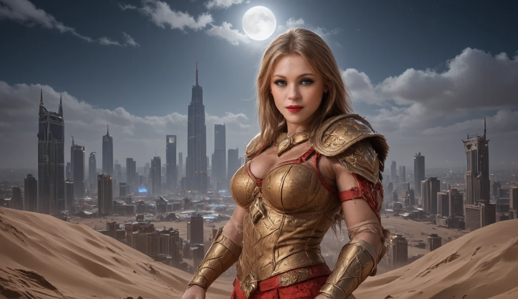 (Masterpiece, award winning, UHD, 8K, DSLR, photorealistic, ultra-realistic, very detailed), (Theme of knights of the zodiac, charismatic, there is a girl at the top of the city, wearing a golden gold armor Sagittarius knight, she is a superhero), full body, green eyes, fighting pose, show of strength, sandy urban environment, cityscape, night, (dynamic lights), (full moon) 