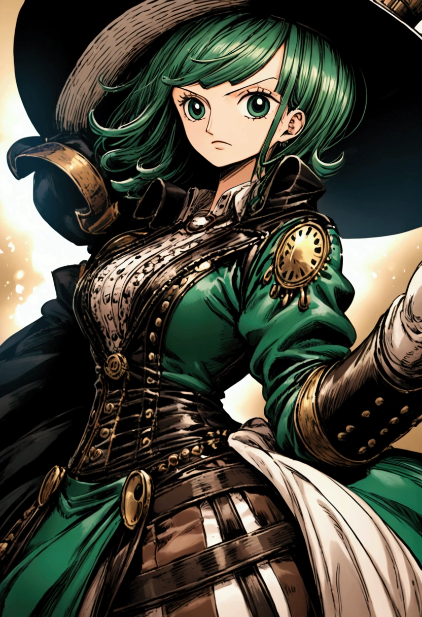 A one piece girl characters, pretty, elegant, steampunk clothes, blue and green colors, big hat