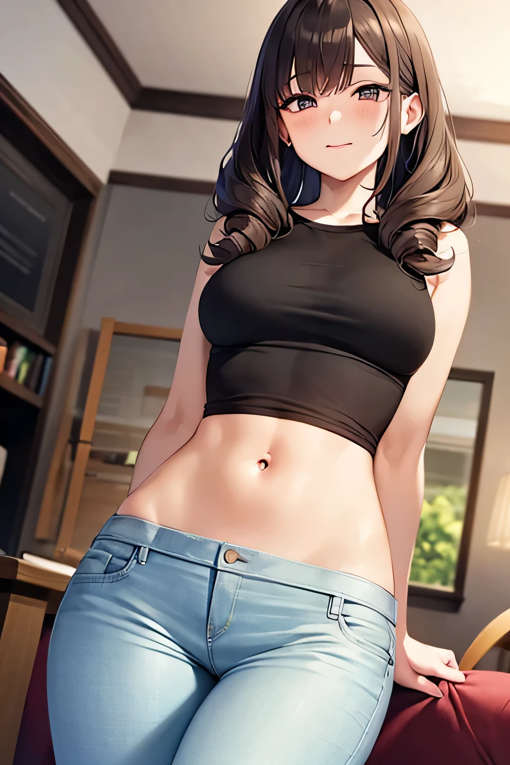 super fine illustration, vibrant colors, masterpiece, sharp focus, best quality, depth of field, ultra detailed, white t shirt, long cardigan jacket, 1 woman, solo, navel, living room, looking down, medium breasts, long curly hair, brown hair, tall, mature face, blush, white long pants, lipstick, makeup, mature face, giggling, closed mouth,