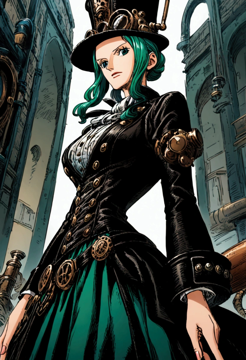 A one piece girl characters, pretty, elegant, steampunk clothes, blue and green colors, big hat