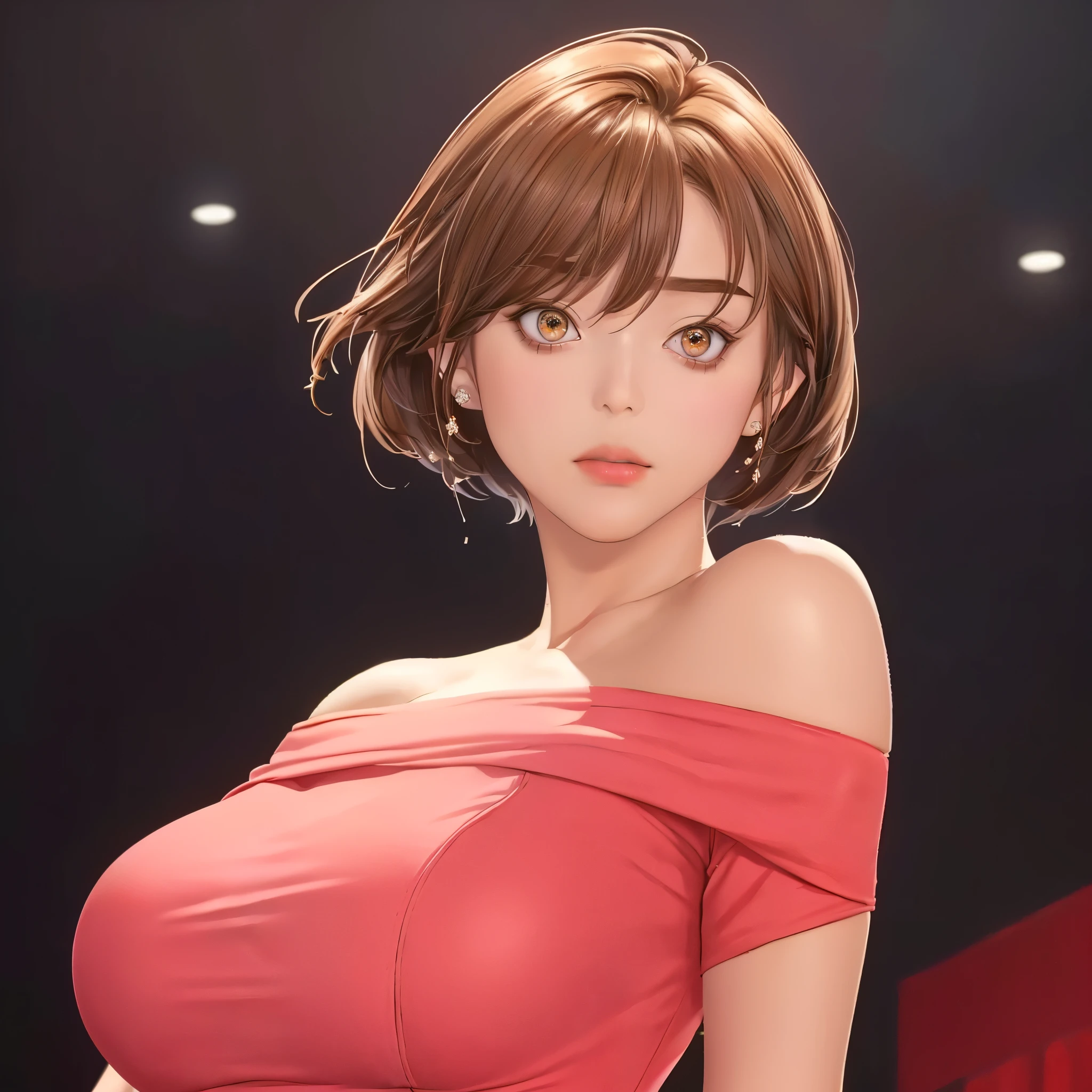 (（（figure，御姐figure,White and tender skin,（（（red hip wrap dress，Short sleeve，Off Shoulder，）））,(（（Soridef，brown eyes，brown hair，short hair,））),，((masterpiece)), highres icon,((Best quality at best)),masterpiece,quality,Best quality,(（（  to the audience,Light in the eyes）））,Big ,苗条figure, Black background）））