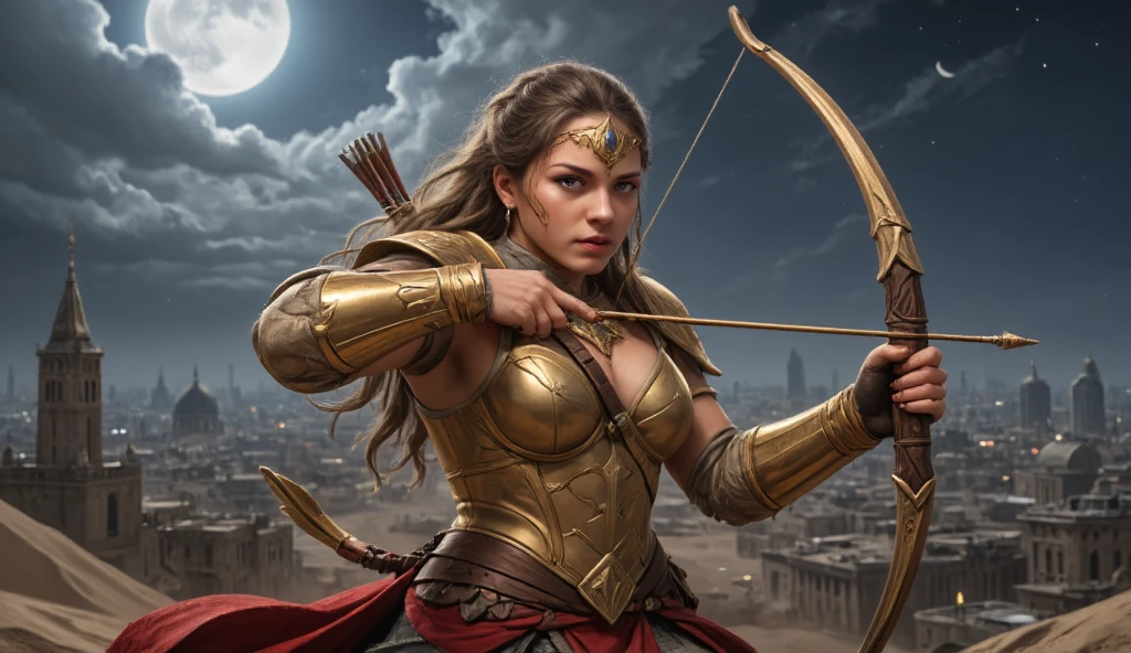 (Masterpiece, award winning, UHD, 8K, DSLR, photorealistic, ultra-realistic, very detailed), (Theme of knights of the zodiac, charismatic, there is a girl at the top of the city, wearing a golden gold armor Sagittarius knight, she is a superhero), full body, green eyes, fighting pose, armed with a longbow, show of strength, sandy urban environment, cityscape, night, (dynamic lights), (full moon) 