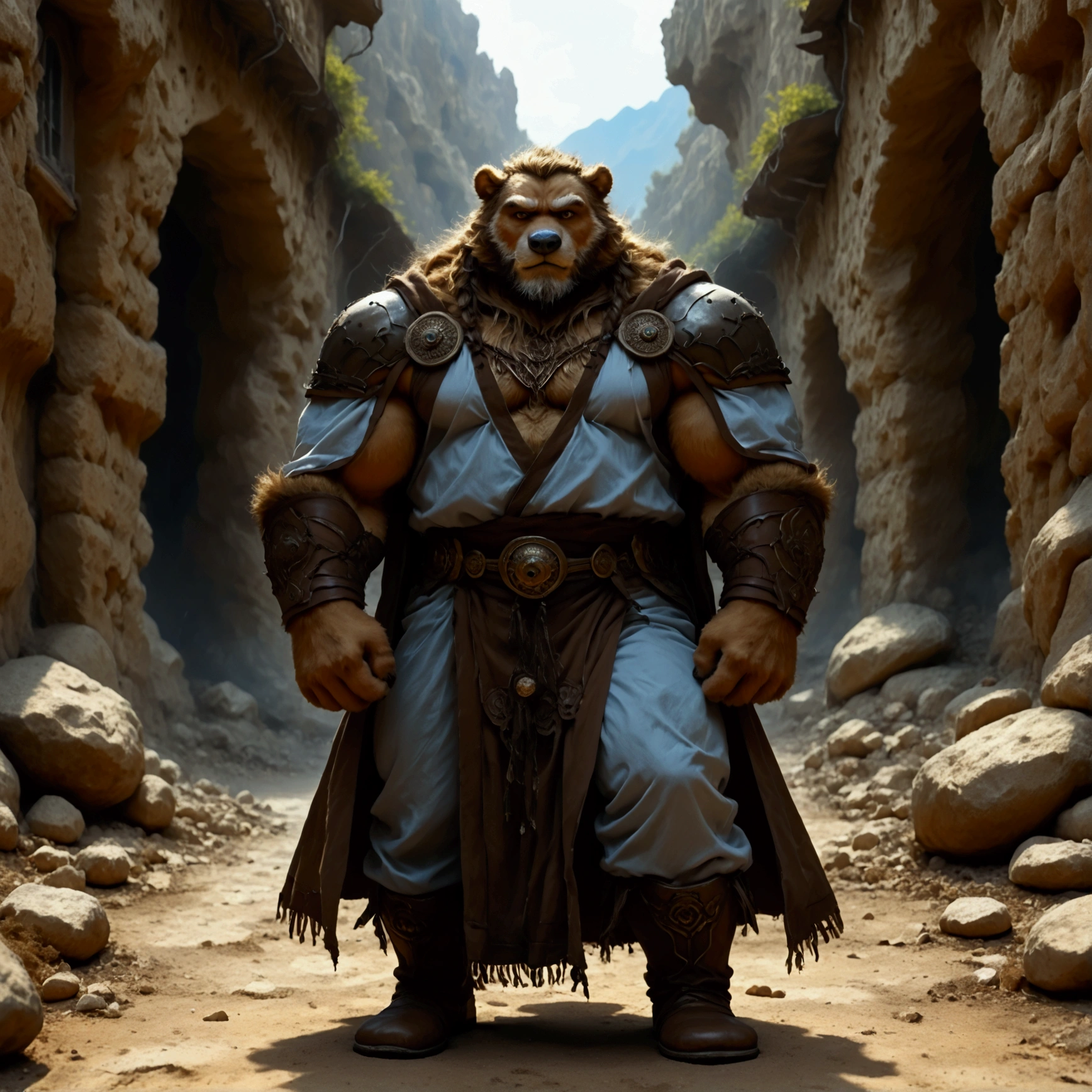 character focus, full body, looking away, various angle, european fantasy, wizard, a muscular middle-aged bear man, heroic costume clothes, robe, shirt, pants, casting ice magic, dynamic pose, BREAK complete anatomy, perfect proportions, beautiful thigh gap, fluffy body, intricate fur details, beautiful fur texture, BREAK a detailed bear 1tail, detailed boots, detailed foot, detailed hands, 5fingers, 5fingers nails, BREAK aesthetic anime face, insanity detailed face, male face, big face, square jawline, aesthetic anime eyes, detailed brown eyes, detailed brown cornea, detailed dark brown irises, detailed pupils, male eyes, big eyes, male eyebrows, innocent look, beautiful beard, BREAK full body in Michelangelo Buonarroti style, digital illustration anime, housamo style, detailed painting landscape, mountain, path, outdoor, full color, HDR, BREAK masterpiece, official art, best quality, very aesthetic, absurdres, super fine illustration, great quality, BREAK noise reduction, very highres, large filesize, high quality, 32K, 8k wallpaper, dynamic lighting, BREAK insanity detailed, ultra detailed, intricate details, extremely detailed, detailed texture, an extremely delicate and beautiful, BREAK osukemo, e621 illustration, kemohomo, anthropomorphic, furry, cartoon, harmonious body, pastoral face, virtuous eyes, epic atmosphere