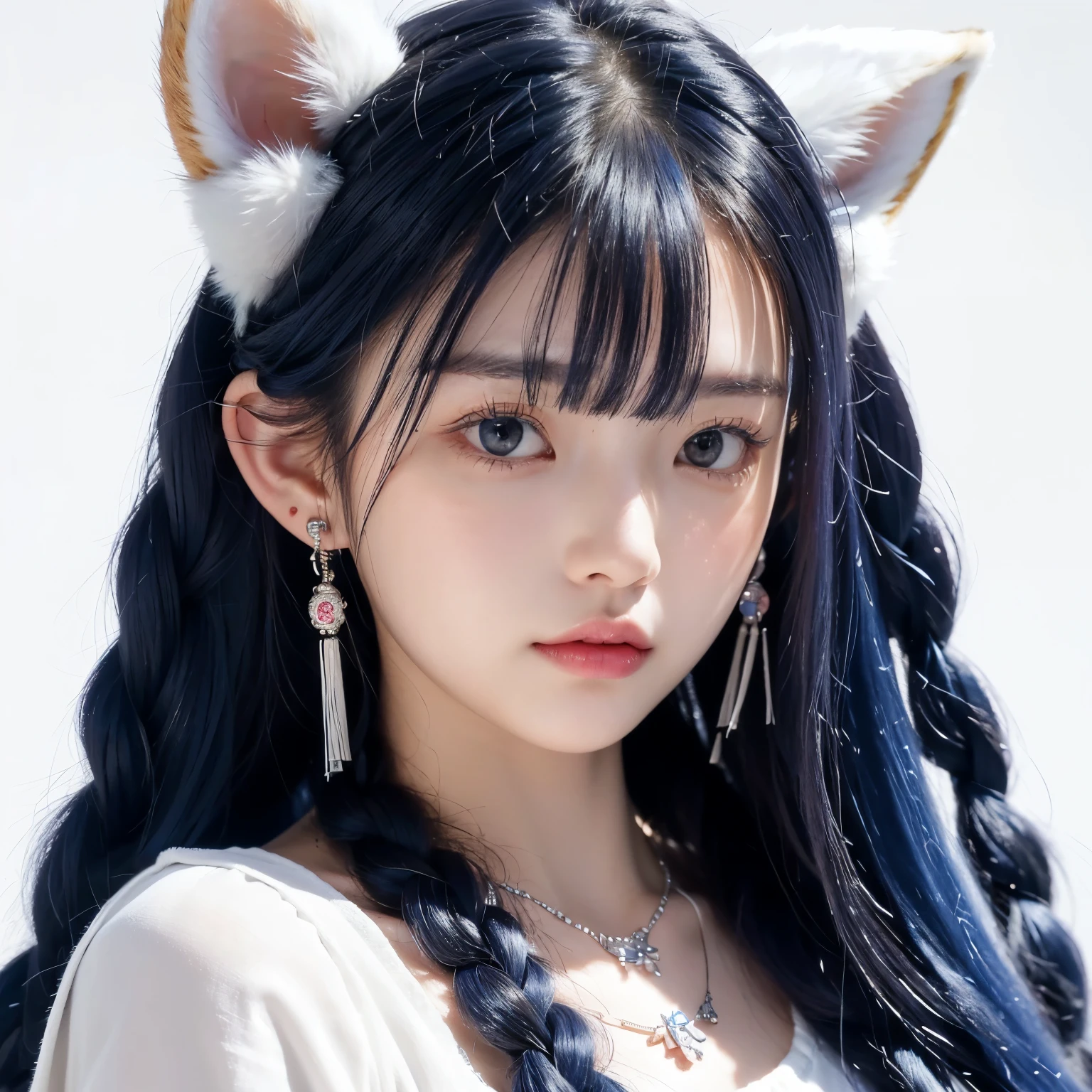  masterpiece ,  best quality,  high resolution , ( white background : 1.4), [flash], [ watching the audience , portrait, 1 sweet Chinese girl], (Long hair,  blue hair, Wavy hair, Colorful twisted braids: 1.3, Furry fox ears, Air bangs), White shoulders showing short sleeves,  exquisite facial features ,  pink lips , earrings, necklace