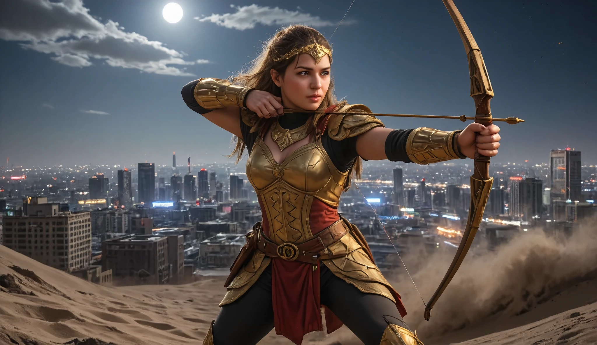 (Masterpiece, award winning, UHD, 8K, DSLR, photorealistic, ultra-realistic, very detailed), (Theme of knights of the zodiac, charismatic, there is a girl at the top of the city, wearing a golden gold armor Sagittarius knight, she is a superhero), full body, green eyes, fighting pose, armed with a longbow, show of strength, sandy urban environment, cityscape, night, (dynamic lights), (full moon) 