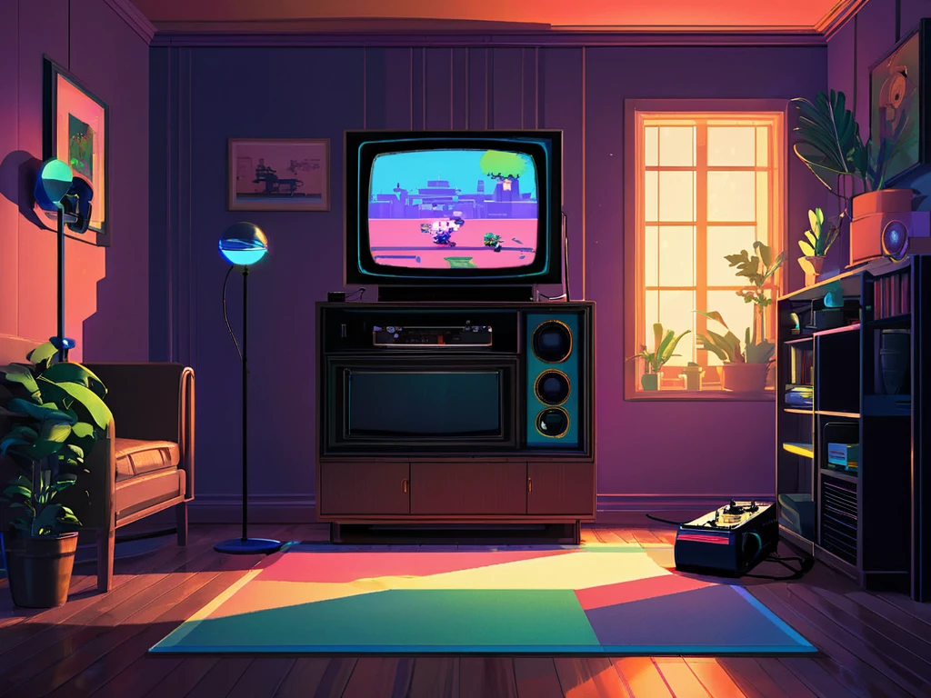 Album cover for 'Velha Guarda Gameplays - Volume 1 (2024)' set in a nostalgic 80s/90s living room. A vintage television glows softly, displaying a pixelated video game screen. Next to the TV, an old game console with controllers is visible. On the floor nearby, a guitar rests alongside a pair of large, retro-style headphones. A faint shadow or silhouette of people, the channel's mascot, is at the doorway, as if just stepping into the cozy room, adding a mysterious and inviting feel. The scene is illuminated by the warm light of the TV screen, casting a soft, nostalgic glow over the room. Around the room, add subtle details like VHS tapes, a few game cartridges, posters, and perhaps a coffee mug on a low table. The color palette should be muted with warm tones—dark blues, greens, and soft neon accents—to enhance the retro ambiance. Incorporate small pixel-like sparkles floating in the air, as if the room itself is infused with memories. Add the title 'Velha Guarda Gameplays - Volume 1 (2024)' in a bold pixelated font at the top, using colors like neon green or blue to stand out against the dark background.