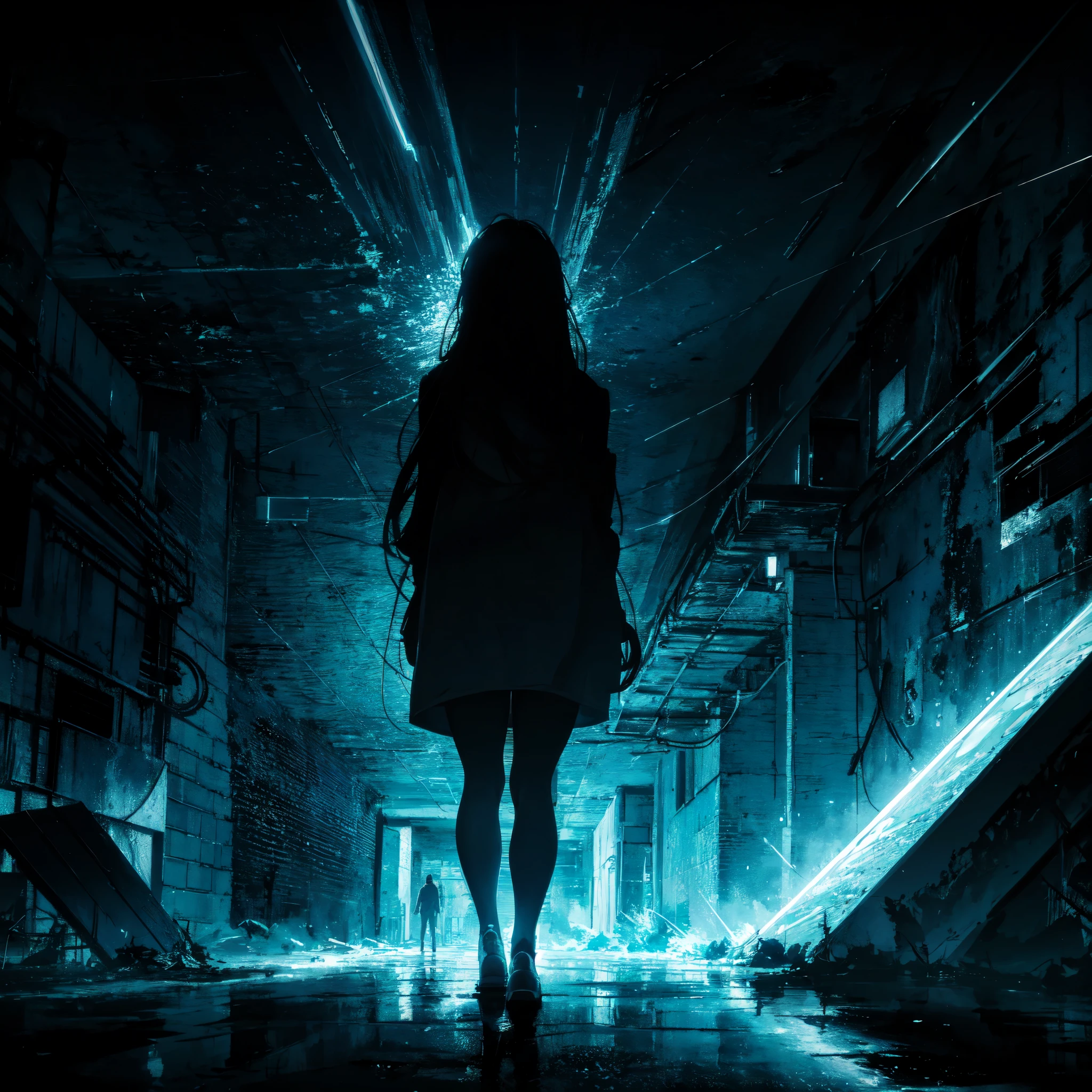 (best art,:1.3),
silver theme,black theme,white theme,blue theme,long hair ultra high res, masterpiece, best quality, night, (dark environment)