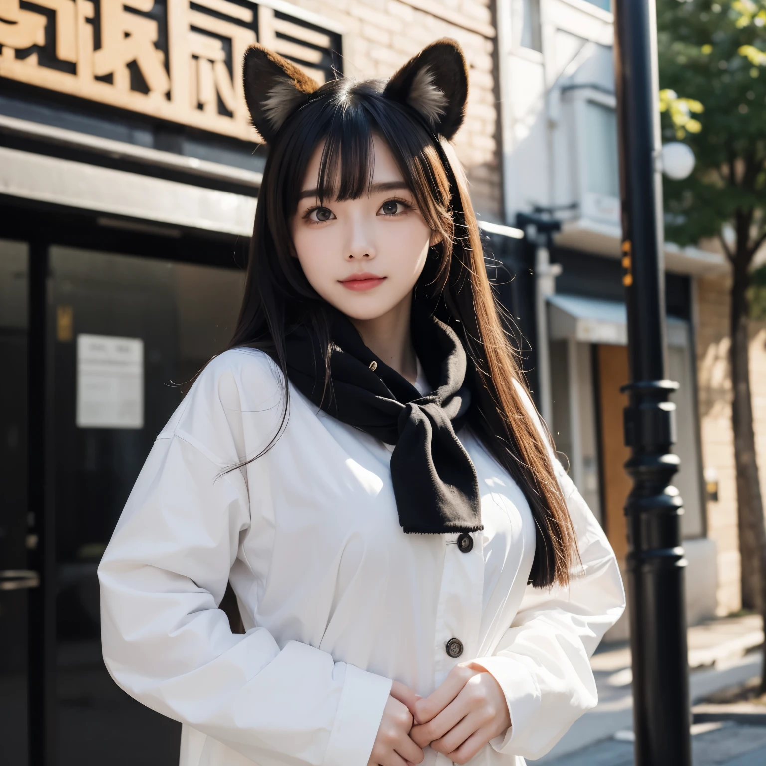 1 Girl, Animal ears绒毛, Animal ears, Water eyes, bangs, black coat, breast, Buttons, coat, graffiti with arms crossed, Fox ears, Fox Girls , high resolution , large breast, Long hair, watching viewer , Open your mouth, 部分解开Buttons, road, scarf, shirt, Short eyebrows, Smile, alone , to a standing, street, Tail, Thick eyebrows, upper body, white shirt, From below
