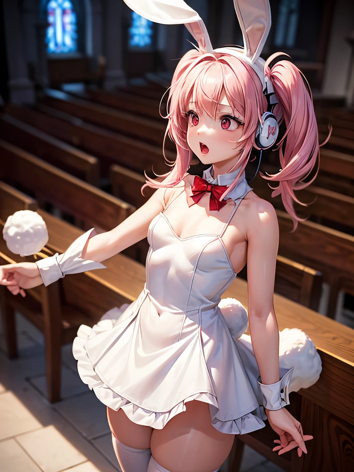  girl, Pink hair about 12 inches , Moody,  beautiful shaped nipples ,((Small Bust, rabbit cosplay,  white dress , Gothドレス), ( white rabbit,ear,Tail),Goth,(Low Nose,Red eyes,Body Type,詳細なearの先),Headphones, Twin Tails, detailed)) (masterpiece),(figure),(Best Quality:1.3), accurate anatomy ,  blurry background, ((Chapel, Singing Girl, White costume))