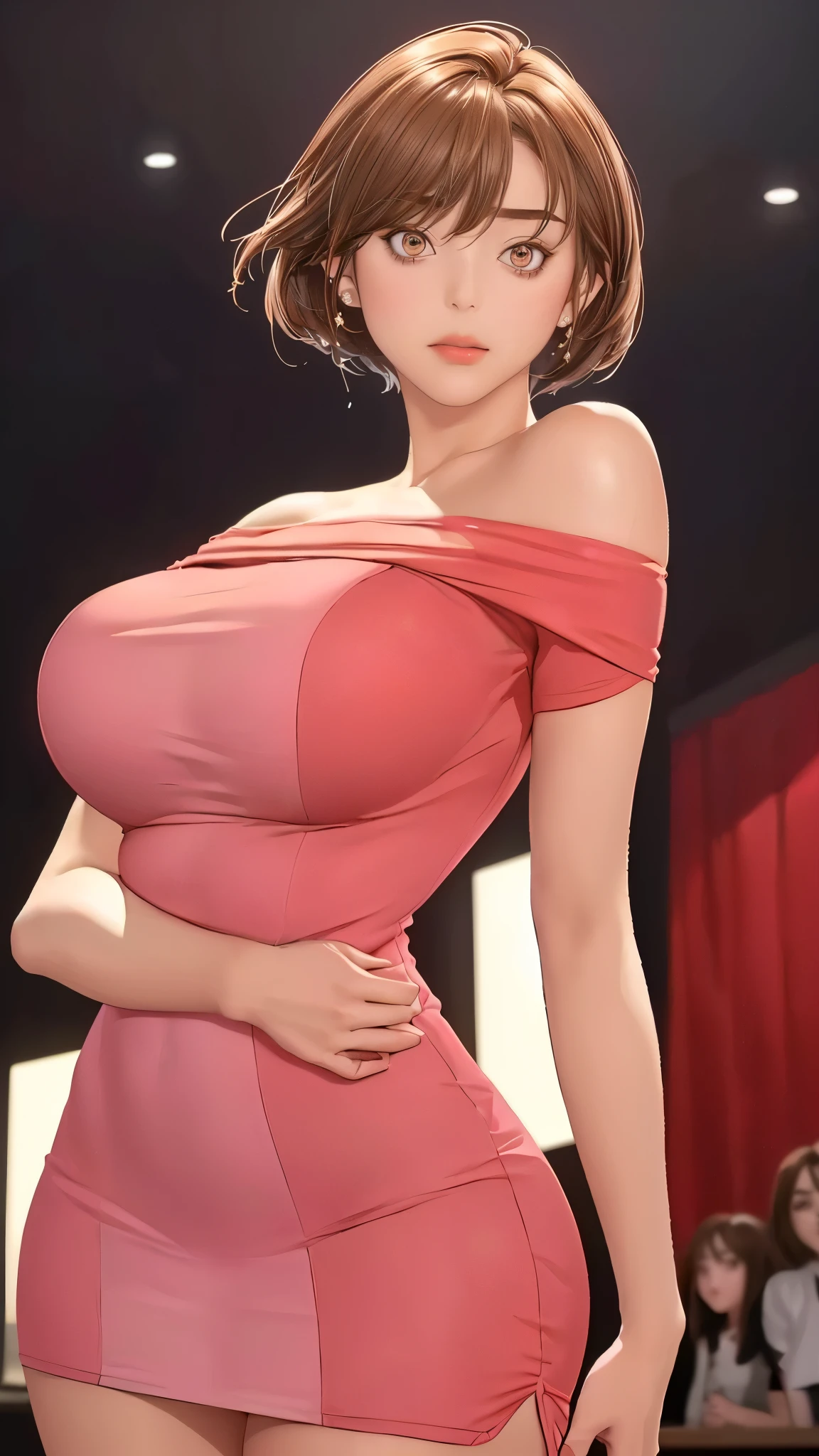 (（（figure，御姐figure,White and tender skin,（（（red hip wrap dress，Short sleeve，Off Shoulder，）））,(（（Soridef，brown eyes，brown hair，short hair,））),，((masterpiece)), highres icon,((Best quality at best)),masterpiece,quality,Best quality,(（（  to the audience,Light in the eyes）））,Huge breasts,苗条figure, Black background）））