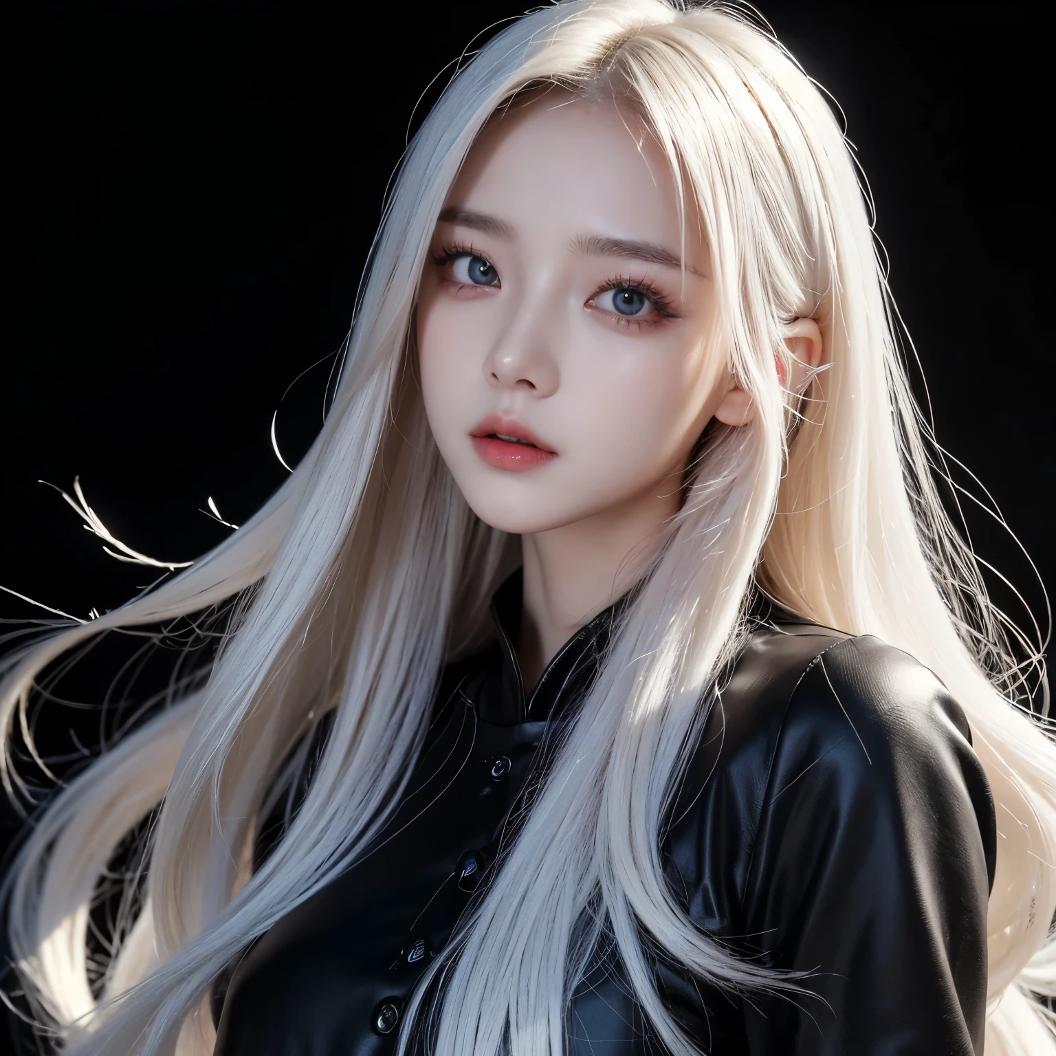 (( masterpiece , best quality)),1 Girl, detailed eyes , detailed face , (whole body:1.2), long white hair, Red Eyes,small size breasts, ( Black background:1.2), Bloody Particles , shadow face