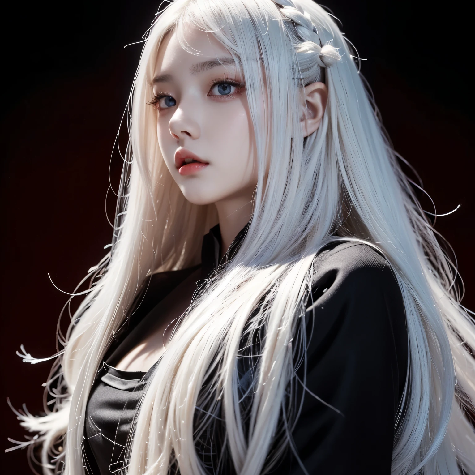 (( masterpiece , best quality)),1 Girl, detailed eyes , detailed face , (whole body:1.2), long white hair, Red Eyes,small size breasts, ( Black background:1.2), Bloody Particles , shadow face