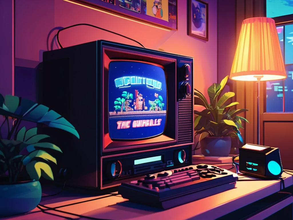 Album cover for 'Velha Guarda Gameplays - Volume 1 (2024)' featuring a retro-inspired, nostalgic gaming scene. The background shows a cozy room from the 80s/90s with a vintage TV and game console. On the TV screen, faint pixelated light glows, creating a warm and immersive atmosphere. The album's title is displayed in bold pixel font, with colors like dark blue or neon green, capturing the essence of classic video games. In the corner, the channel’s mascot BIT is sitting with headphones, illuminated by the screen. The overall color scheme is dark, with soft neon highlights and a slight vignette effect, symbolizing nights spent gaming. Tiny pixel effects add a magical, nostalgic touch. Year '2024' is subtly placed, reinforcing the modern yet retro theme.