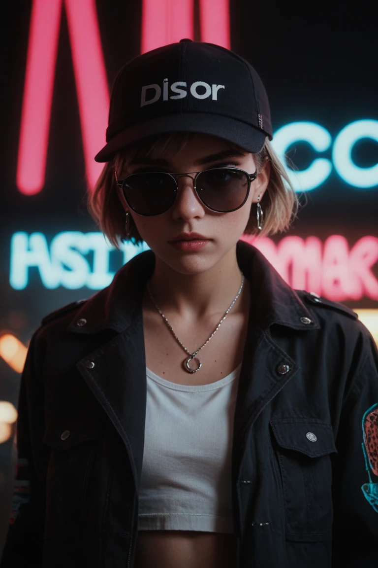 facial close-up，Alternative Girl， Seen Through Black Sunglasses，jacket，necklace， Neon Reflections on Skin ，earrings，make up，Skin blemishes，Short hair，Little Hat ， Neon Background ，Low Light，Depth of Field， Height Details ， High Contrast ， film grain ，edge light，Long Exposure， DSLR 