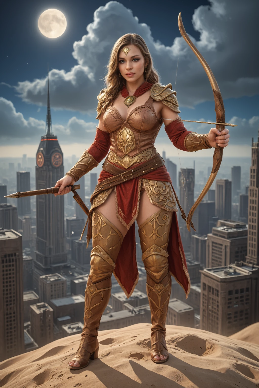 (Masterpiece, award winning, UHD, 8K, DSLR, photorealistic, ultra-realistic, very detailed), (Theme of knights of the zodiac, charismatic, there is a girl at the top of the city, wearing a golden gold armor Sagittarius knight, she is a superhero), full body, green eyes, fighting pose, armed with a longbow, show of strength, sandy urban environment, cityscape, night, (dynamic lights), (full moon) 