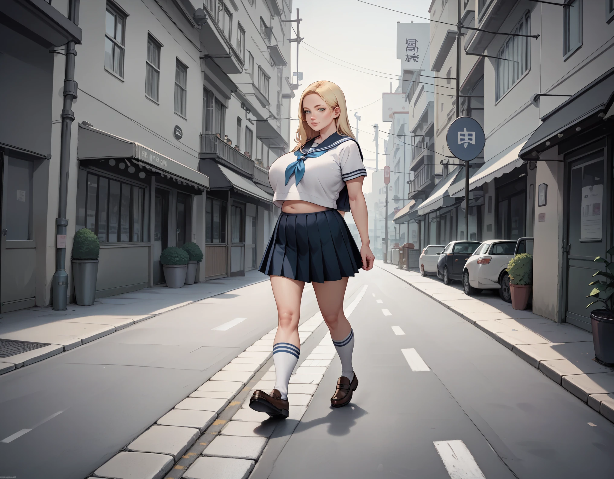 nsfw,masterpiece,highest quality,One milf, Long blonde hair, large caucasian eyes,(Huge breasts with a slight sagging:1.0),Short sleeve,Cute Sailor Suit,Pleated skirt,Sailor scarf,socks,loafers,Street,Monochrome,Line art,Upper body photo, by elijahzx, (manga art), (arms around stomach), (leaning back), (large stuffed gut), (walking, out of breath, huffing and puffing), spherical inflation, puffed legs, puffed arms, immobile, (gasping for air) (side profile)