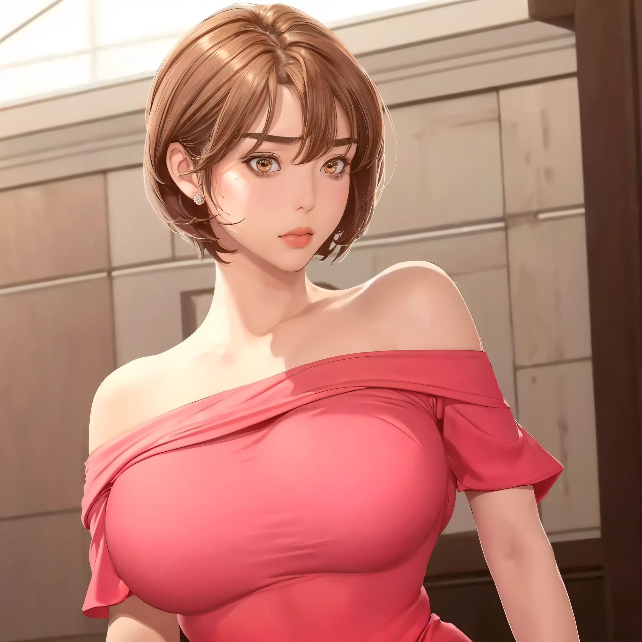 (（（figure，御姐figure,White and tender skin,（（（red hip wrap dress，Short sleeve，Off Shoulder，Black stockings）））,(（（Soridef，brown eyes，brown hair，short hair,））),，((masterpiece)), highres icon,((Best quality at best)),masterpiece,quality,Best quality,(（（  to the audience,Light in the eyes）））,Huge breasts,苗条figure,）））