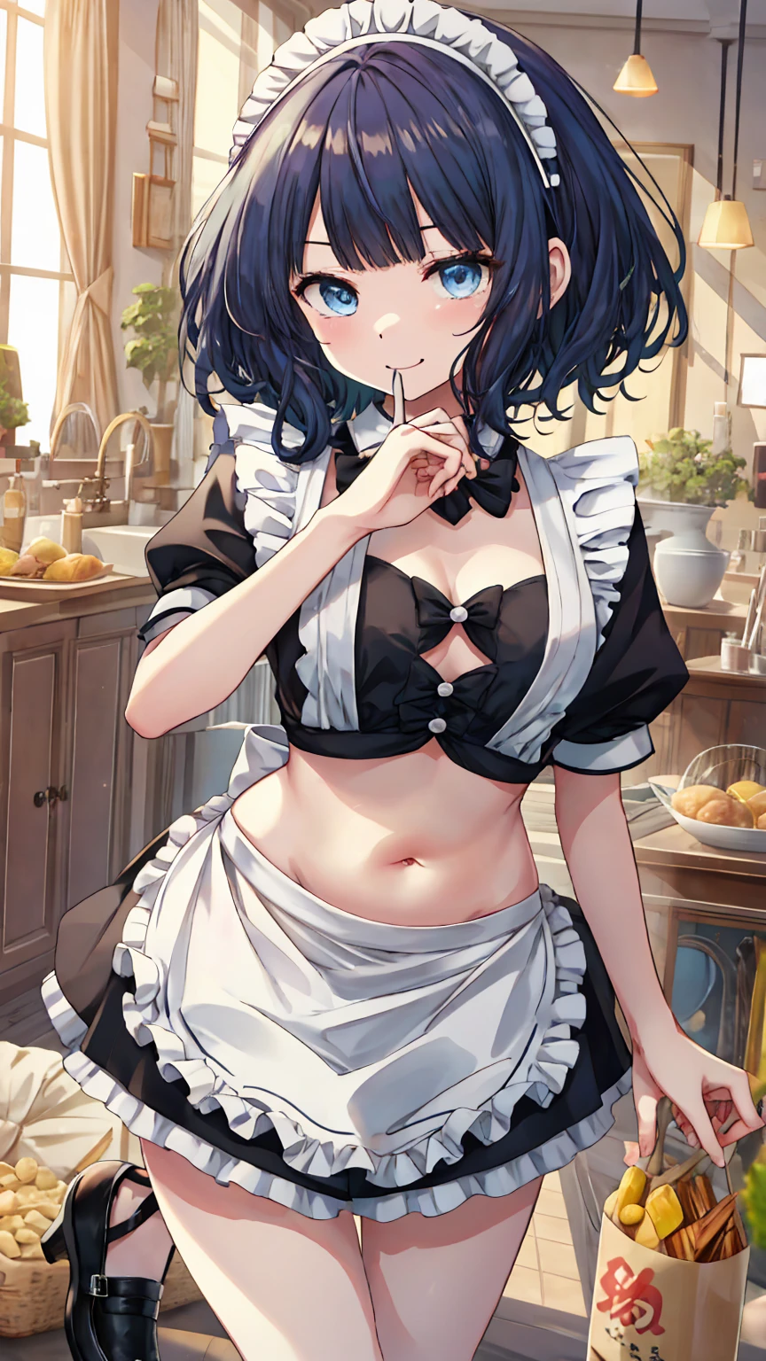 ( upper body:1.3),Anna Yanami,Ahoge, medium hair, blue hair , side lock,Bangs, blue eyes, break ( maid clothes:1.4), ( black suit with white details:1.1), (Neckline:1.2), (Bare legs:1.4), (Short sleeve:1.2),( black heels :1.3), ( white headband :1.3),(Bare waist),(Belly button), Dynamic Stance, break つやのある瞳,  beautiful eyes,  fascinating,  erotic , つやつやな肌 break indoors, break looking at viewer, (whole body:1.5), smile,下から構figure, Thighs,  sexy, break (masterpiece:1.2), Best Quality,  high definition,  Unity 8k Wallpaper, (figure:0.8), (美しいFine grain:1.6),  very detailed face ,  full light,  VERY DETAILED CG , (Perfect hands,  perfect anatomy) break ((masterpiece,Best Quality)), Super detailed, Shine, Shine光,  ray tracing , ( perfect face, Detailed face, Fine grain, Perfect hands, Perfect Fingers:1.5), HD, Super cute face, Best Quality, Super detailed, break Shine目, break (Best Qualityの写実的なイラスト), (Super fine), ( Cute Illustration :1.3), (High chroma:1.3), break 詳細な美しい顔と目,  dynamic lighting , ( very delicate and beautiful), break (Nice hands), (Perfect hands:1.4),  very detailed illustration,  super cute and beautiful, Best Quality,  slender,