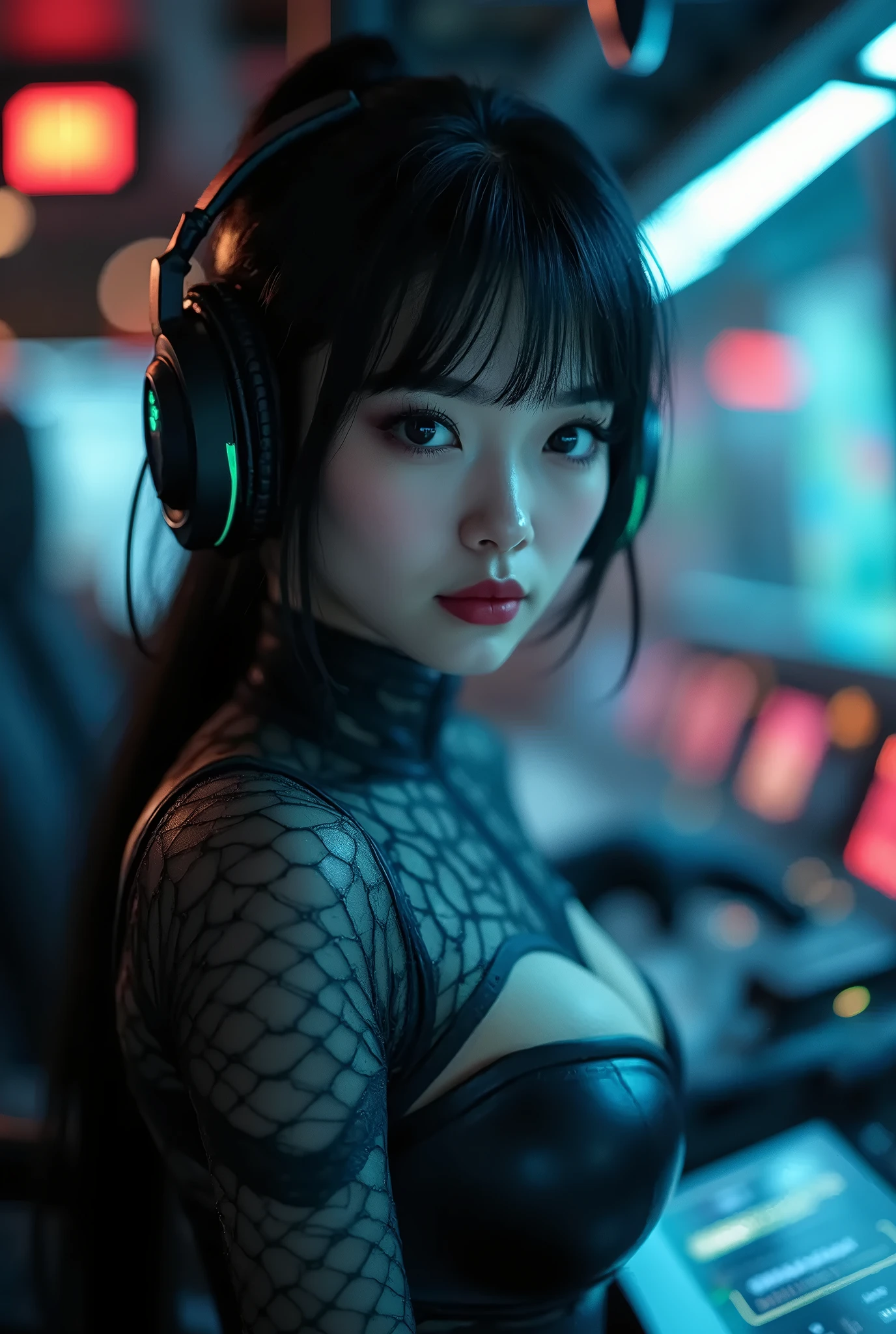 (Best Quality, Masterpiece, Ultra High Definition, High resolution, highly detailed, High Definition Face, clear pictures, HDR:1.5), (20-year-old woman:1.3), (eyes be visually in focus:1.4), (film photography style:1.5), (background neon sign, neon color fashion, cyberpunk beauty, beautiful woman wearing headphones:1.5), (Slim Big Breasts, huge Breasts:1.3), short cut hair, (Glossy, highly fine breasts, shiny skin), highly detailed facial and skin texture, (beautiful eyes, light in the eyes, detailed eyes), clean face, white skin, very Fair skin