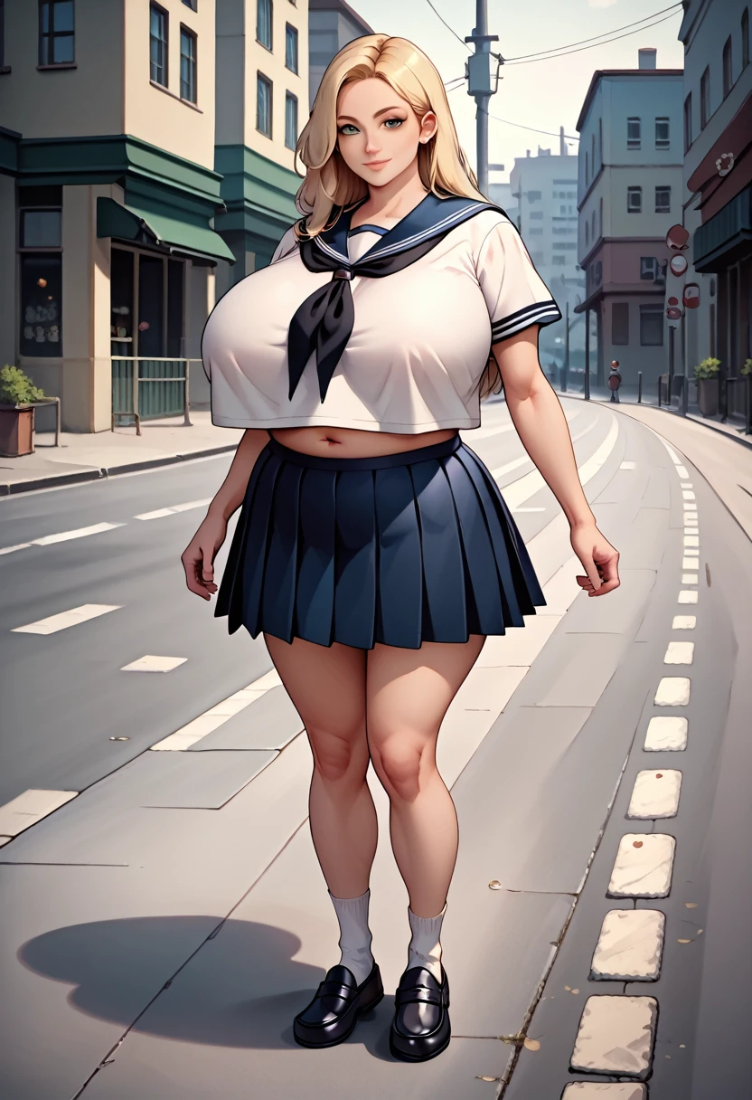 nsfw,masterpiece,highest quality,One milf, Long blonde hair, large caucasian eyes,(Huge breasts with a slight sagging:1.0),Short sleeve,Cute Sailor Suit,Pleated skirt,Sailor scarf,socks,loafers,Street,Monochrome,Line art,Upper body photo, by elijahzx, (manga art), (arms around stomach), (leaning back), (large stuffed gut), (walking, out of breath, huffing and puffing), spherical inflation, puffed legs, puffed arms, immobile, (gasping for air) (side profile)