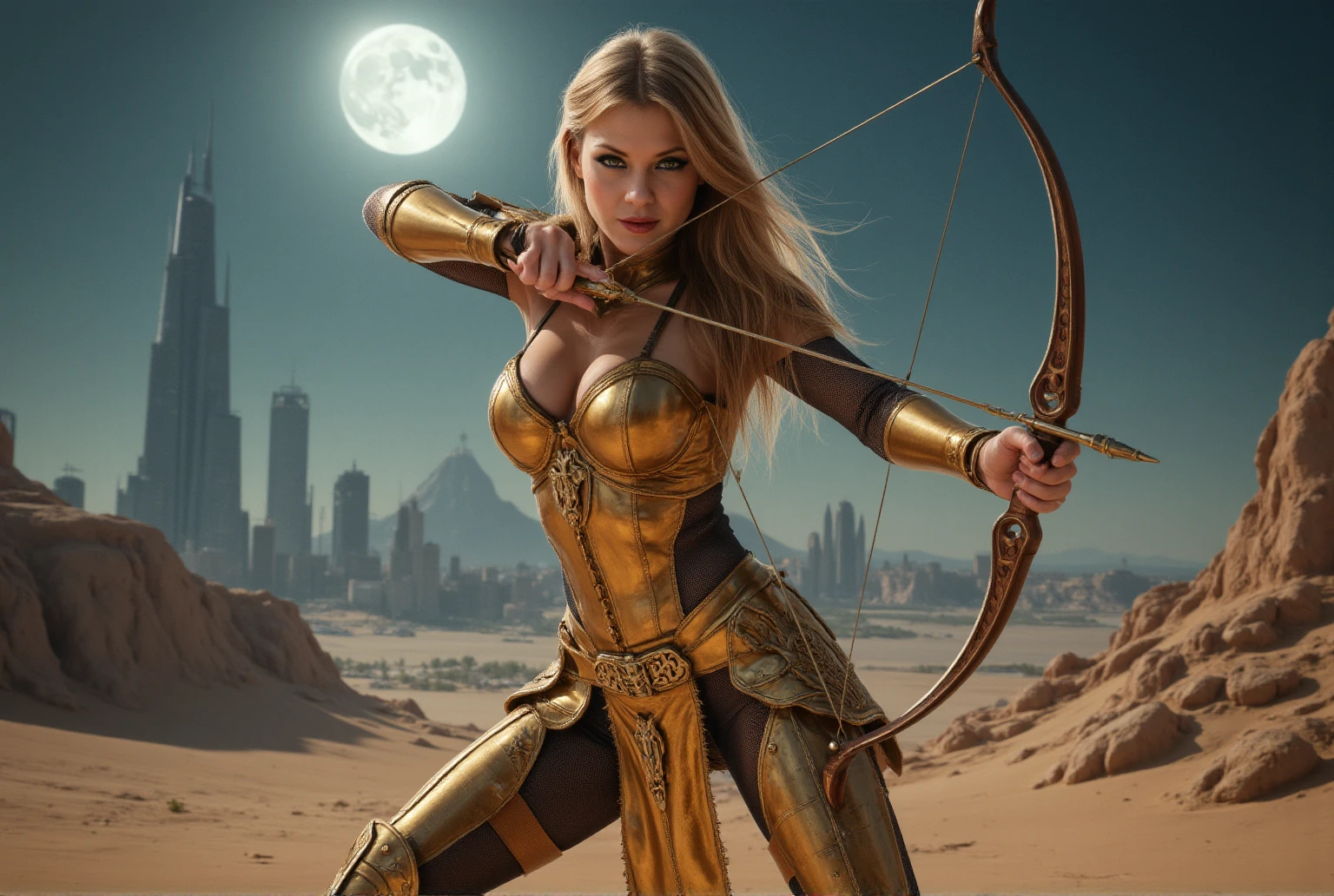 (Masterpiece, award winning, UHD, 8K, DSLR, photorealistic, ultra-realistic, very detailed), (Theme of knights of the zodiac, charismatic, there is a girl at the top of the city, wearing a golden gold armor Sagittarius knight, she is a superhero), full body, green eyes, fighting pose, armed with a longbow, show of strength, sandy urban environment, cityscape, night, (dynamic lights), (full moon) 