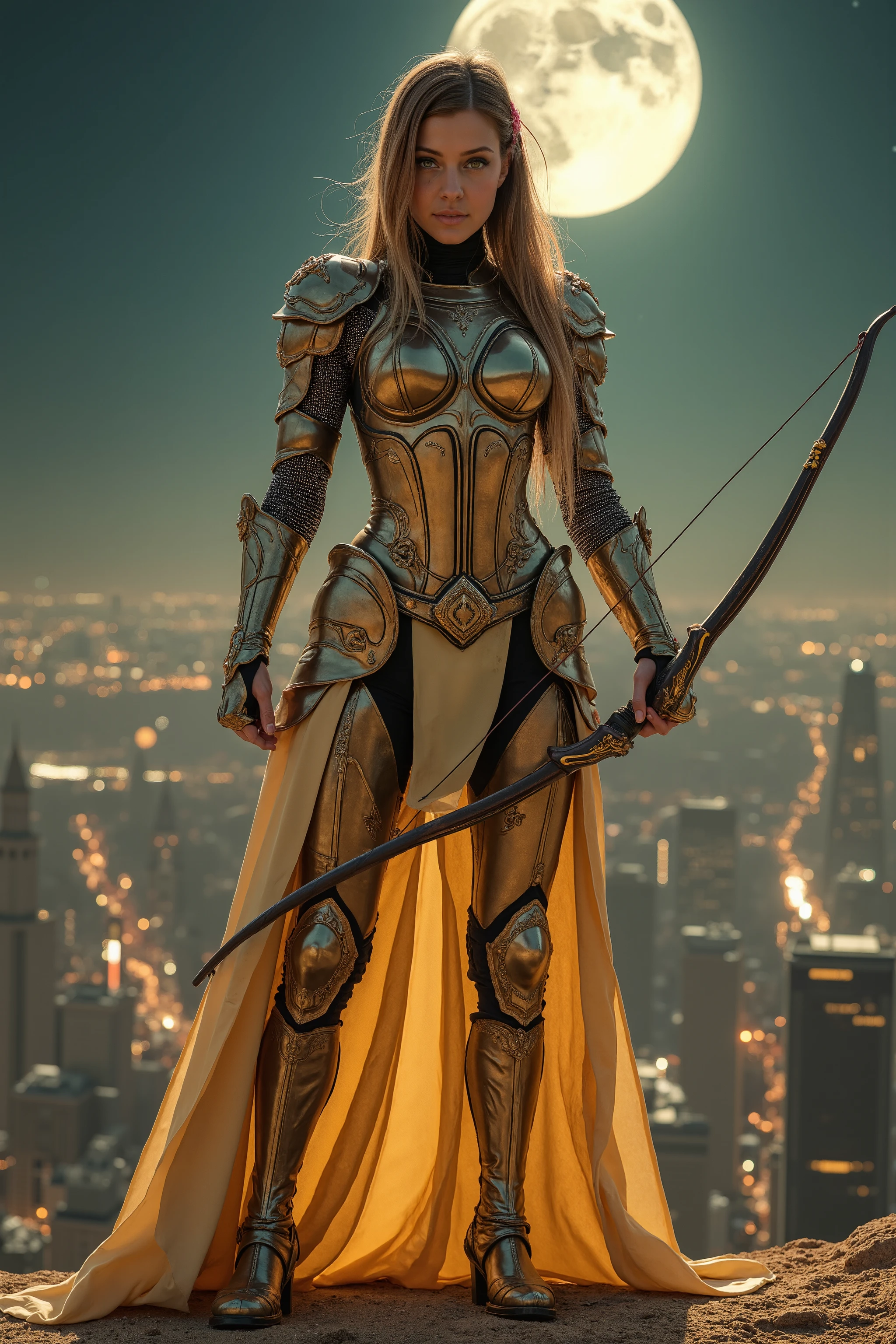 (Masterpiece, award winning, UHD, 8K, DSLR, photorealistic, ultra-realistic, very detailed), (Theme of knights of the zodiac, charismatic, there is a girl at the top of the city, wearing a golden gold armor Sagittarius knight, she is a superhero), full body, green eyes, fighting pose, armed with a longbow, show of strength, sandy urban environment, cityscape, night, (dynamic lights), (full moon) 